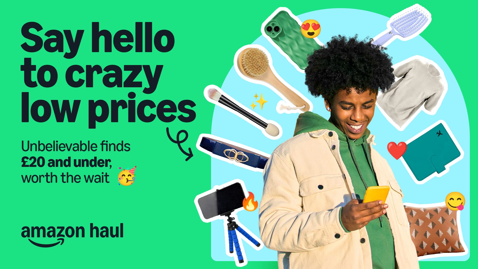 A vibrant promotional graphic for Amazon Haul with various household items