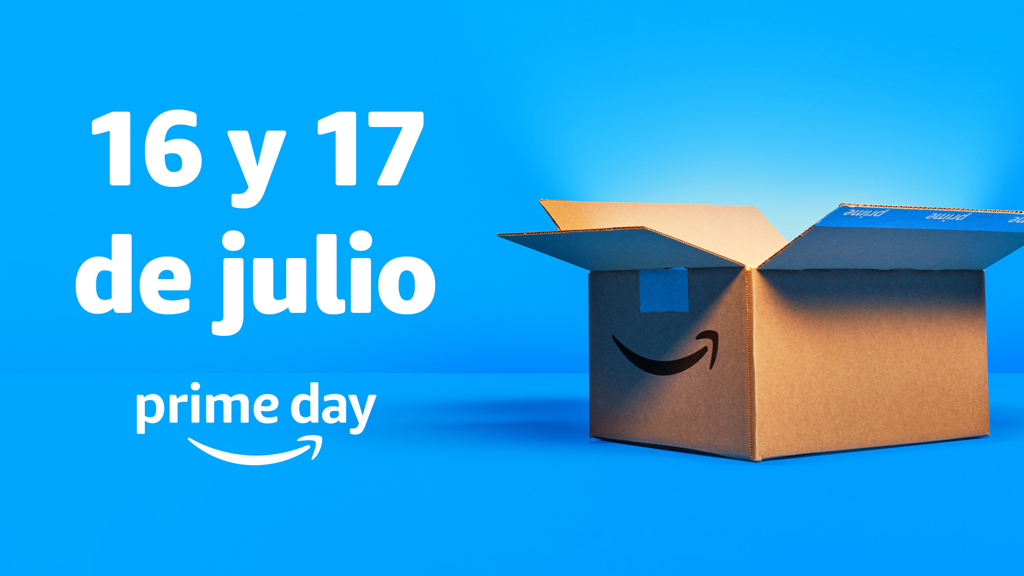 An open Amazon box with light shining out of it. Above the box you see lettering that says July 16-17 with the Prime Day logo below.