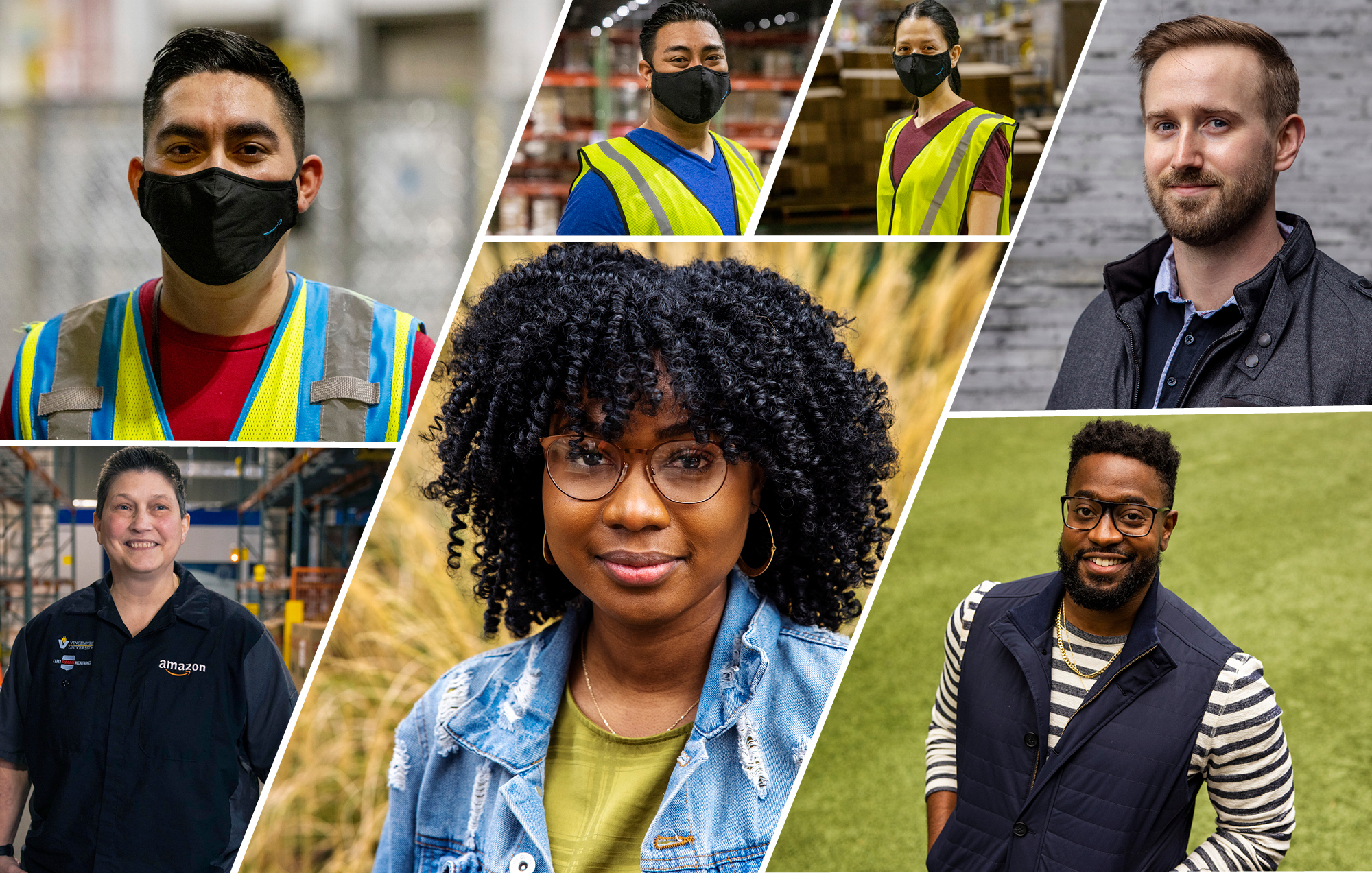 A collage featuring Amazon employees in both corporate and fulfillment center roles. Each individual portrait shows the employees either on their own in an outdoor space or inside their fulfillment center with a safety vest and mask on.