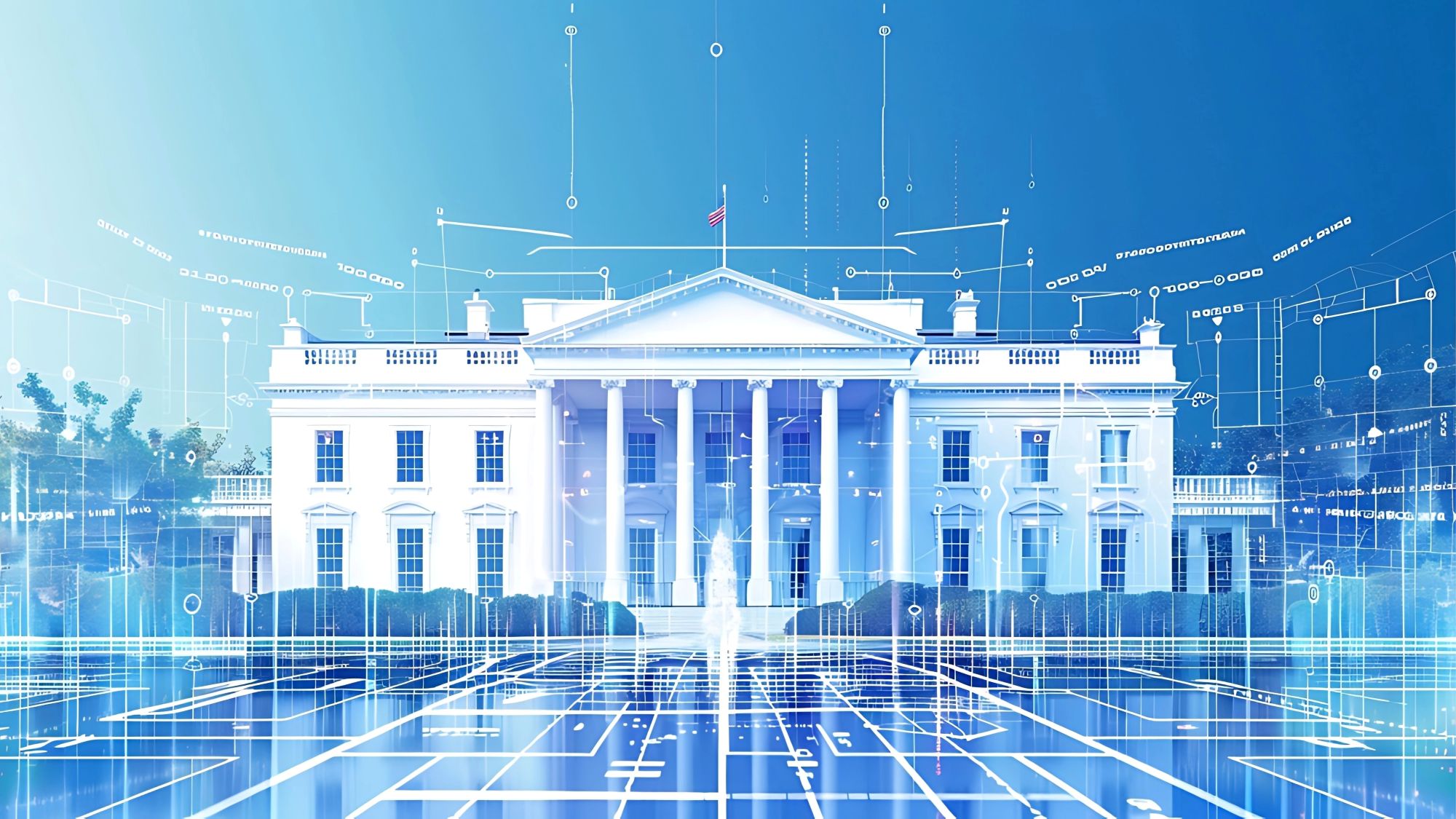 White House superimposed with digital grid and data streams