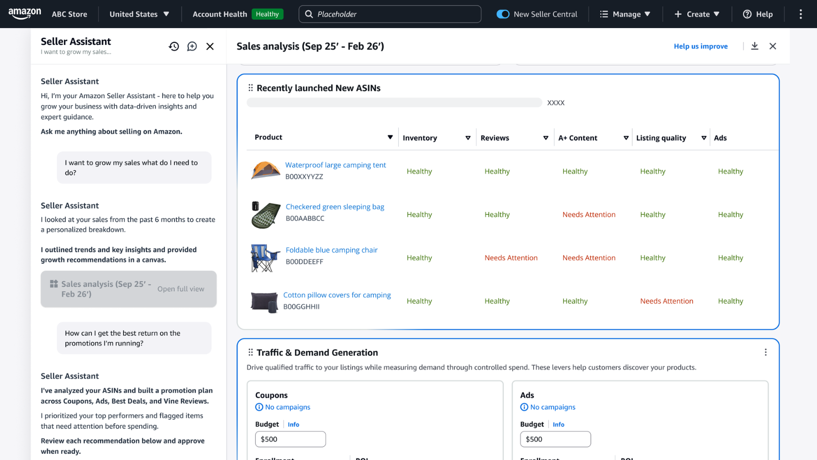 Amazon Seller Assistant interface showing sales analysis and product health metrics