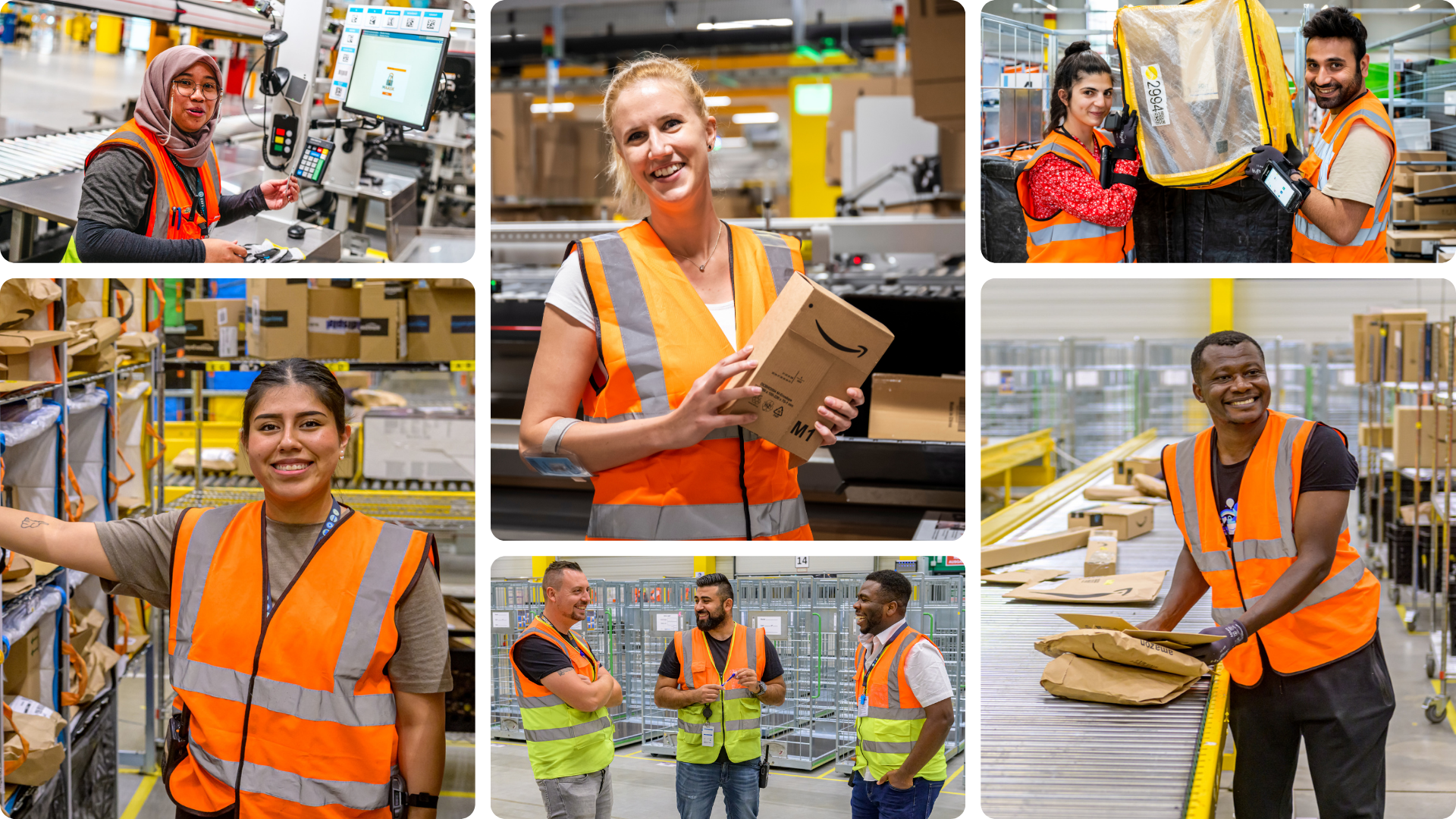 Bilder von Mitarbeiterinnen und Mitarbeiter in der Logistik. 