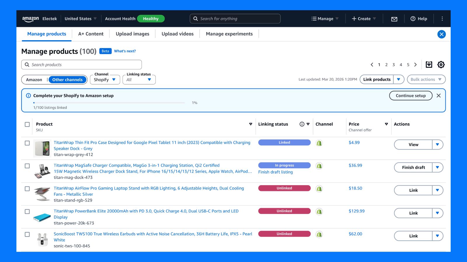 Seller Central dashboard displaying five products with linked, in progress, and unlinked statuses for Shopify channel