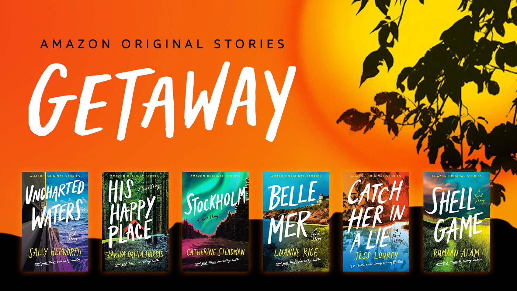 An illustrated image with text that reads "Amazon Original Stories Getaway." Below the text you see six images of cover art for different books in the series.