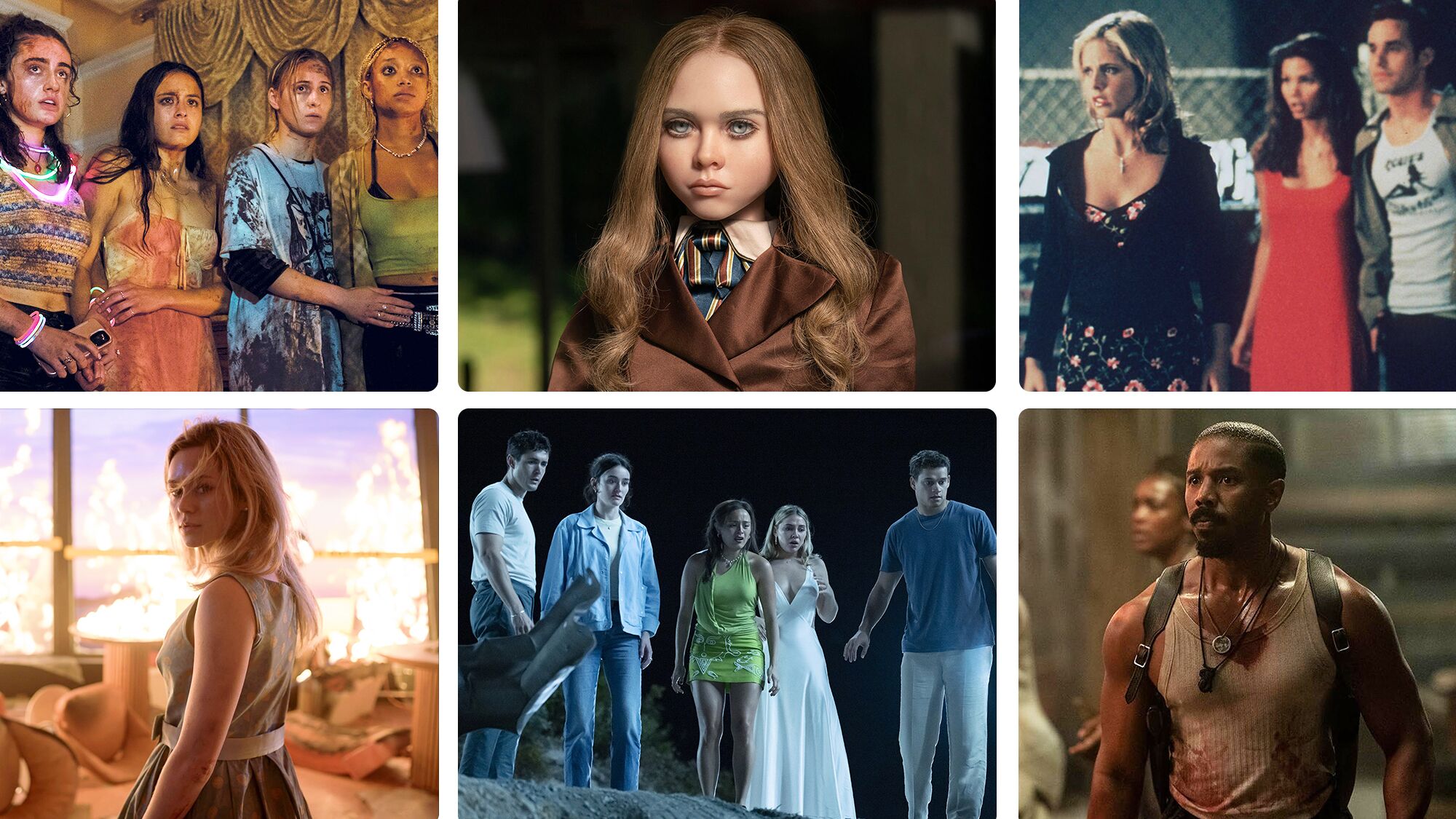 Grid of six images showcasing different dramatic scenes and characters from the Horror movies listed