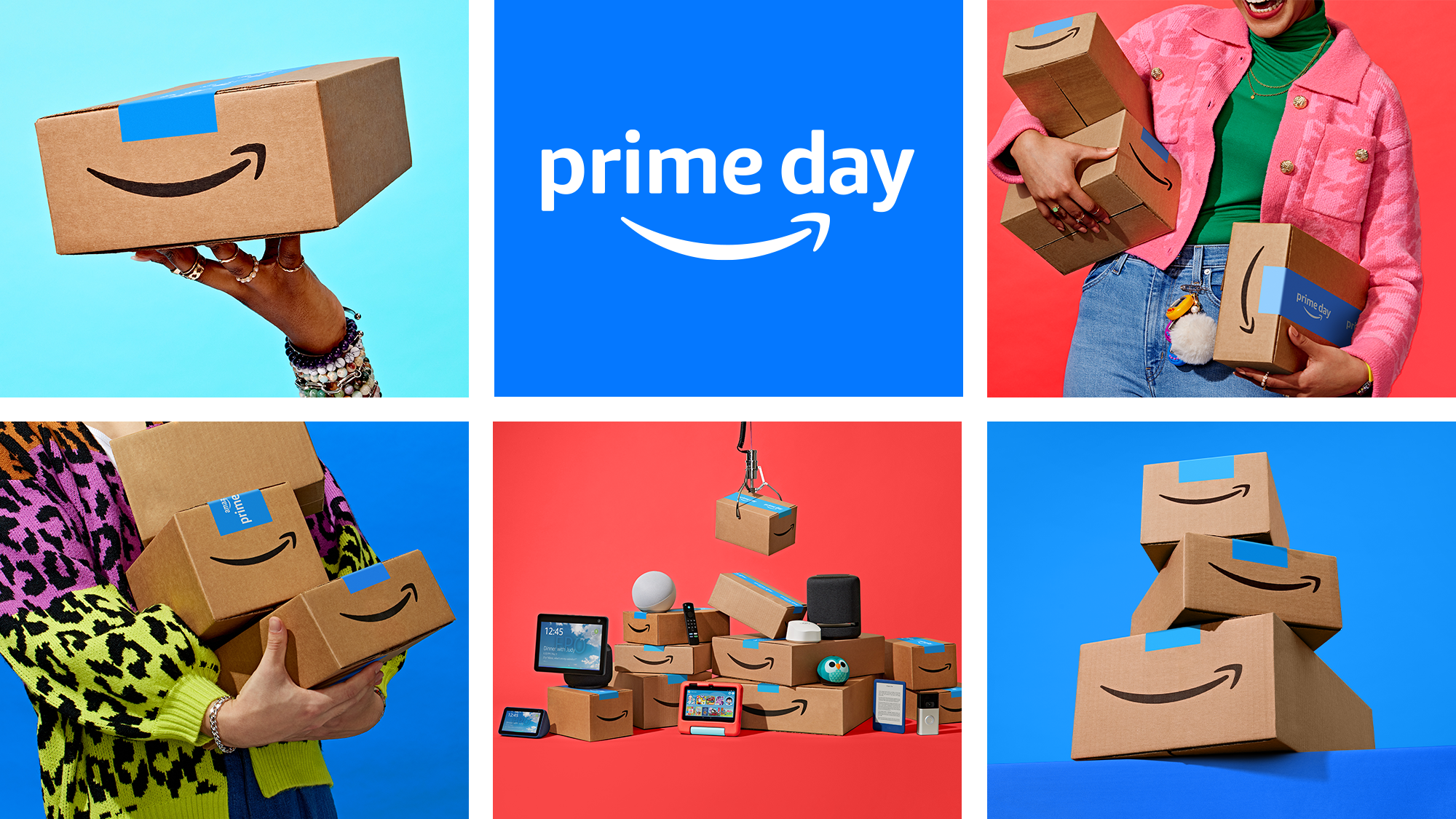 Amazon Prime Day History - a collage of Amazon delivery boxes and Amazon devices