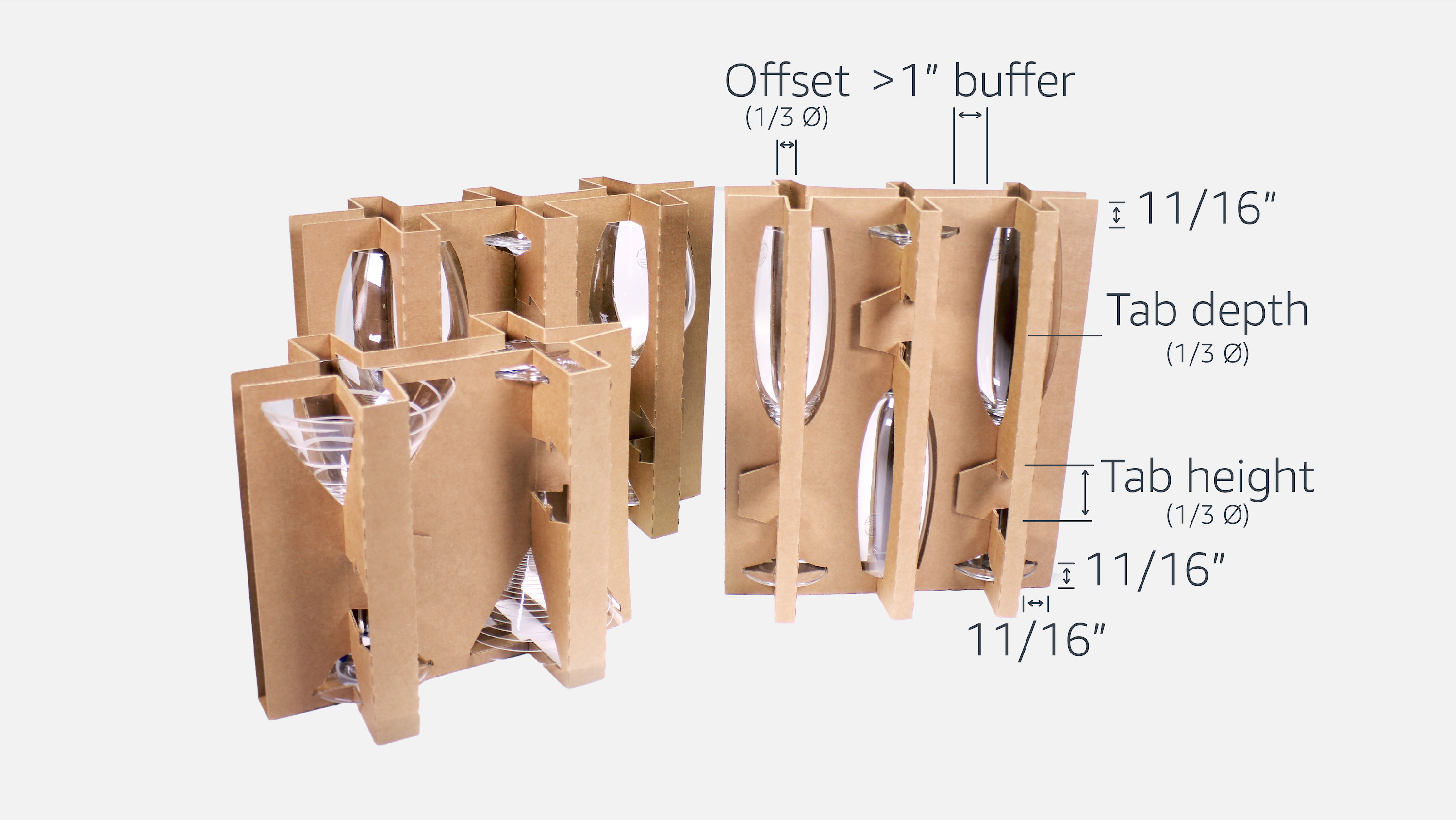 An image that shows the protective insert design scaled across other stemware, including martini and champagne glasses.