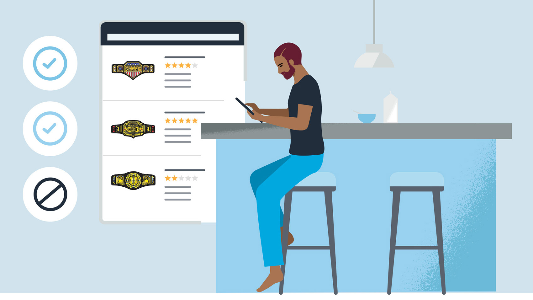 An illustration of a man looking at his phone while sitting at a kitchen counter top. An illustration of what's on his phone screen shows product listings for WWE champion belts. 