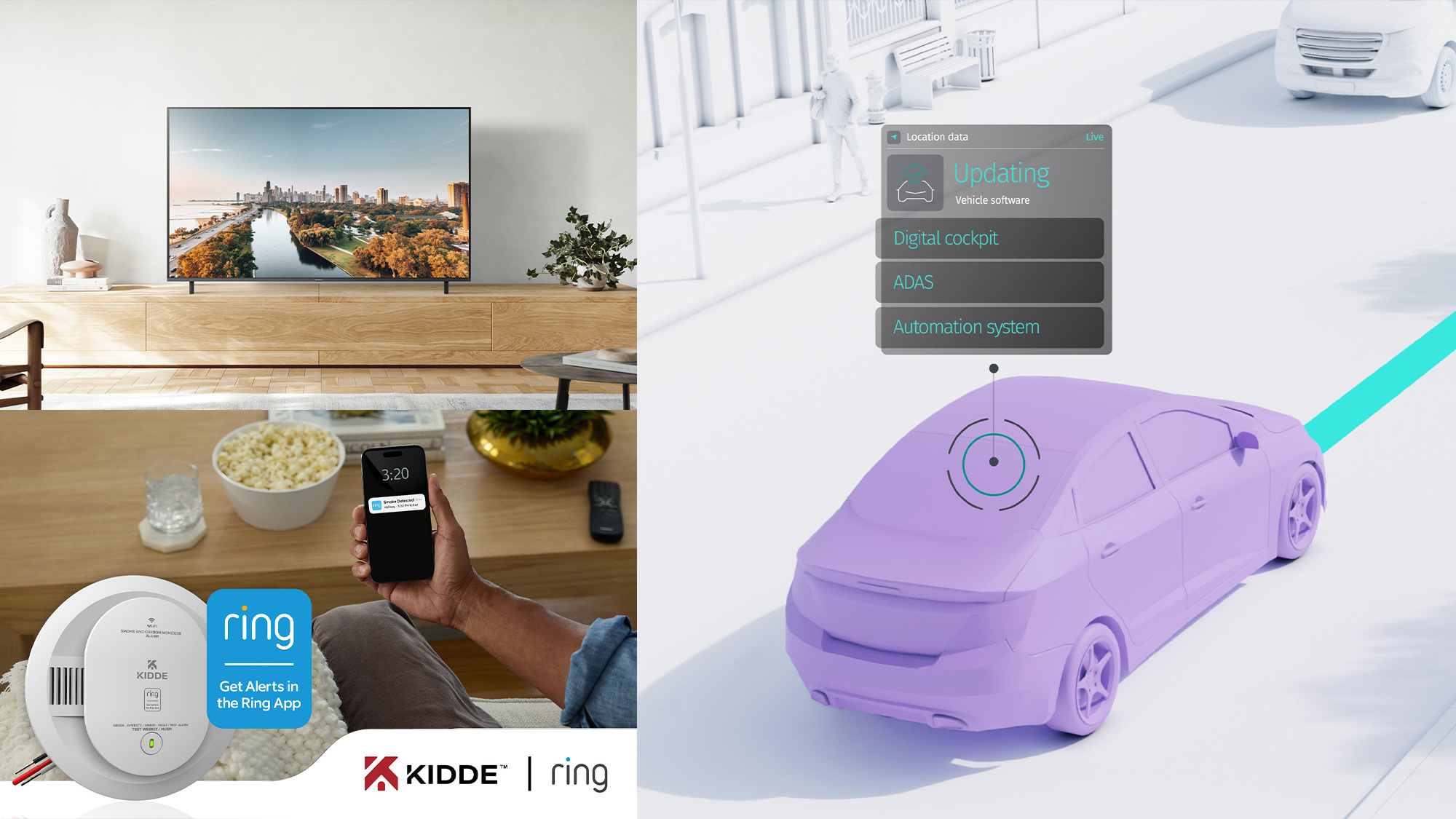 Panasonic Fire TV and a ring notification of a smoke detection below it (left), image of a car with HERE mapping system.