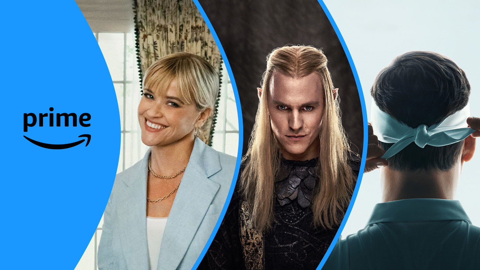 A collage showing a blonde woman smiling wearing a blue blazer, an elven character from The Lord of the Rings and the back of a man's head with a bandana on it