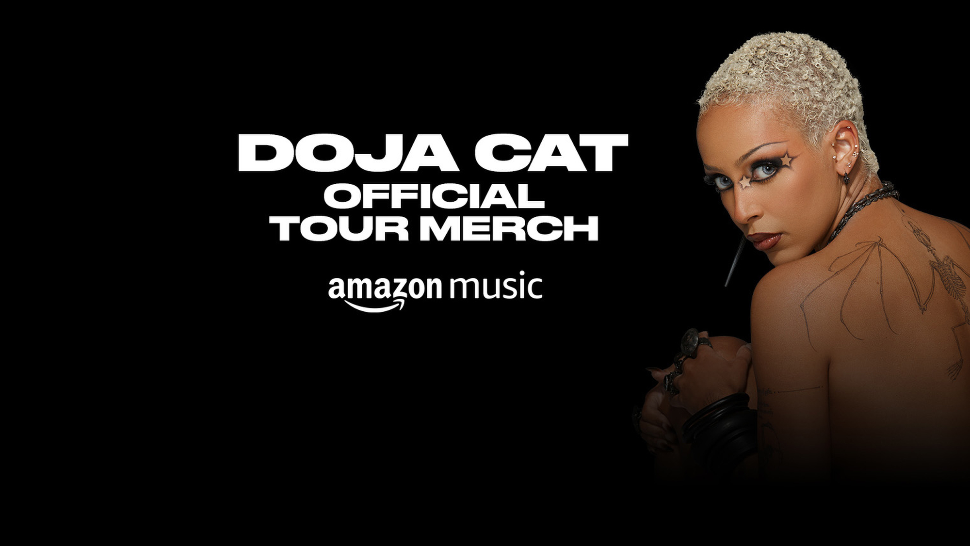 An image of Doja Cat alongside text that reads "Doja Cat official tour merch, Amazon Music"