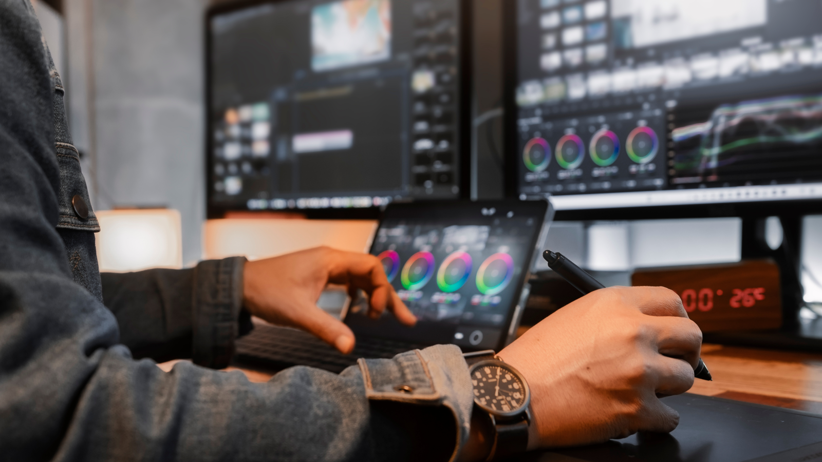 Video editor working on color grading with multiple monitors