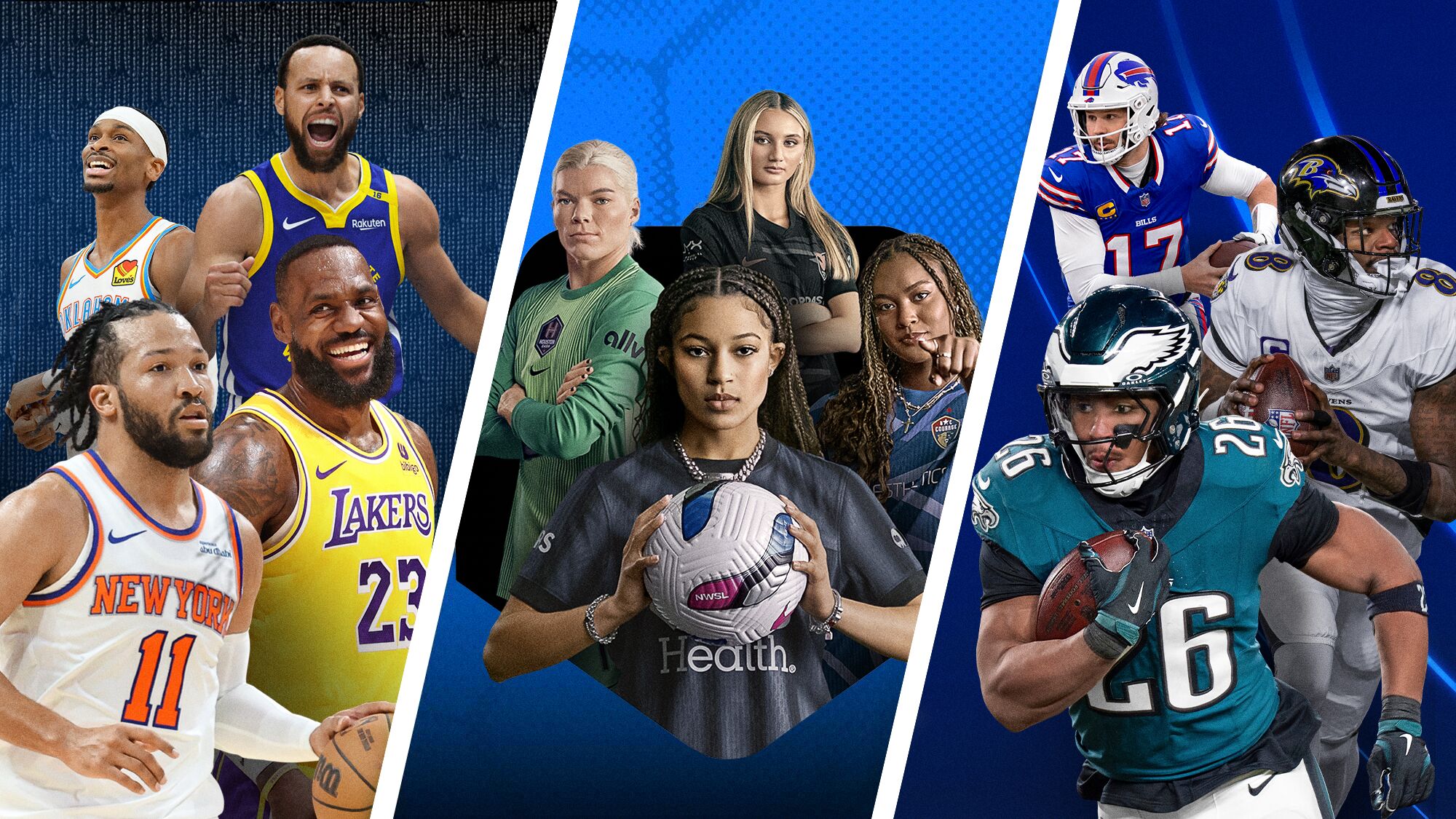 Three-panel photo with NBA, NWSL, and NFL players