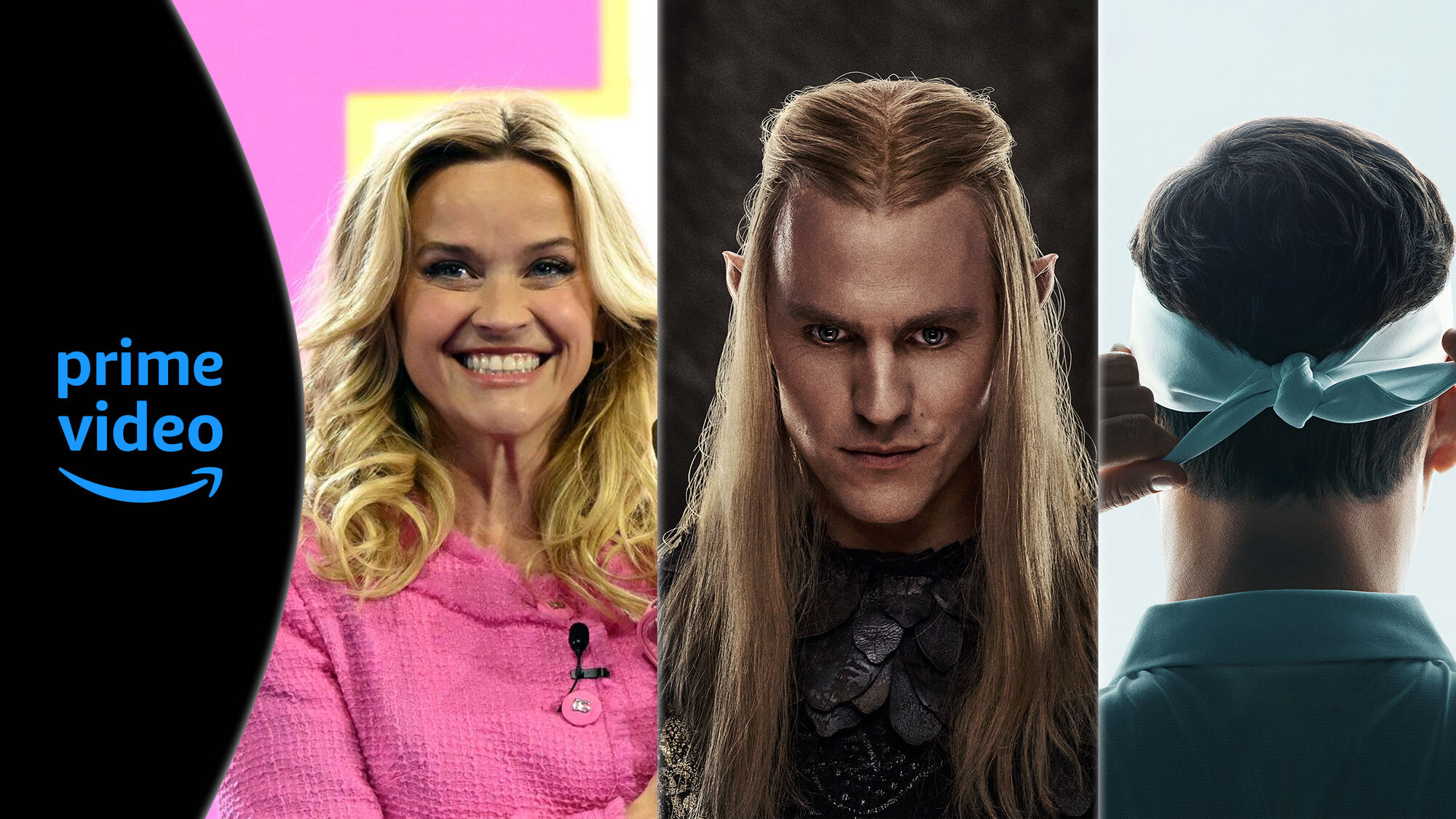 collage of reese witherspoon, a lord of the rings character, and the back of roger federer's head as part of prime videos new entertainment announcements at upfronts 2024