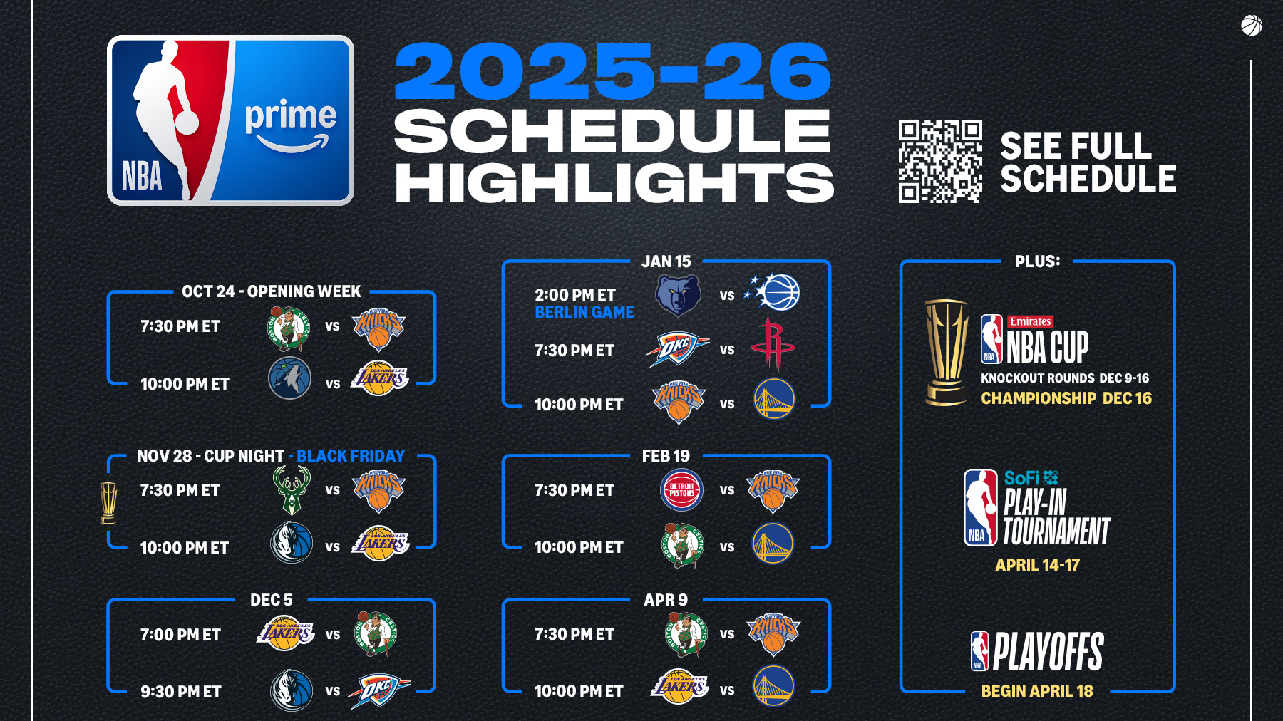 NBA 2025-26 season schedule highlights, featuring key matchups and events