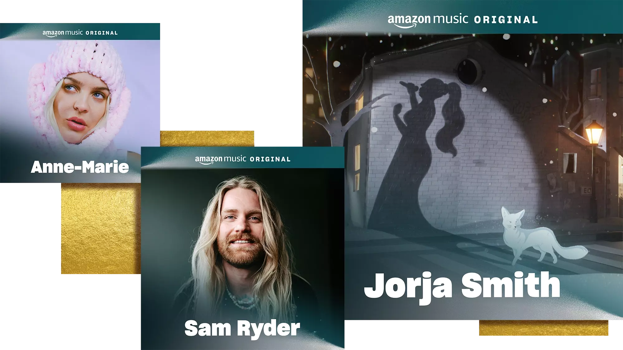 Three images of UK artists Anne-Marie, Sam Ryder and Jorja Smith on a plain white background with hints of gold