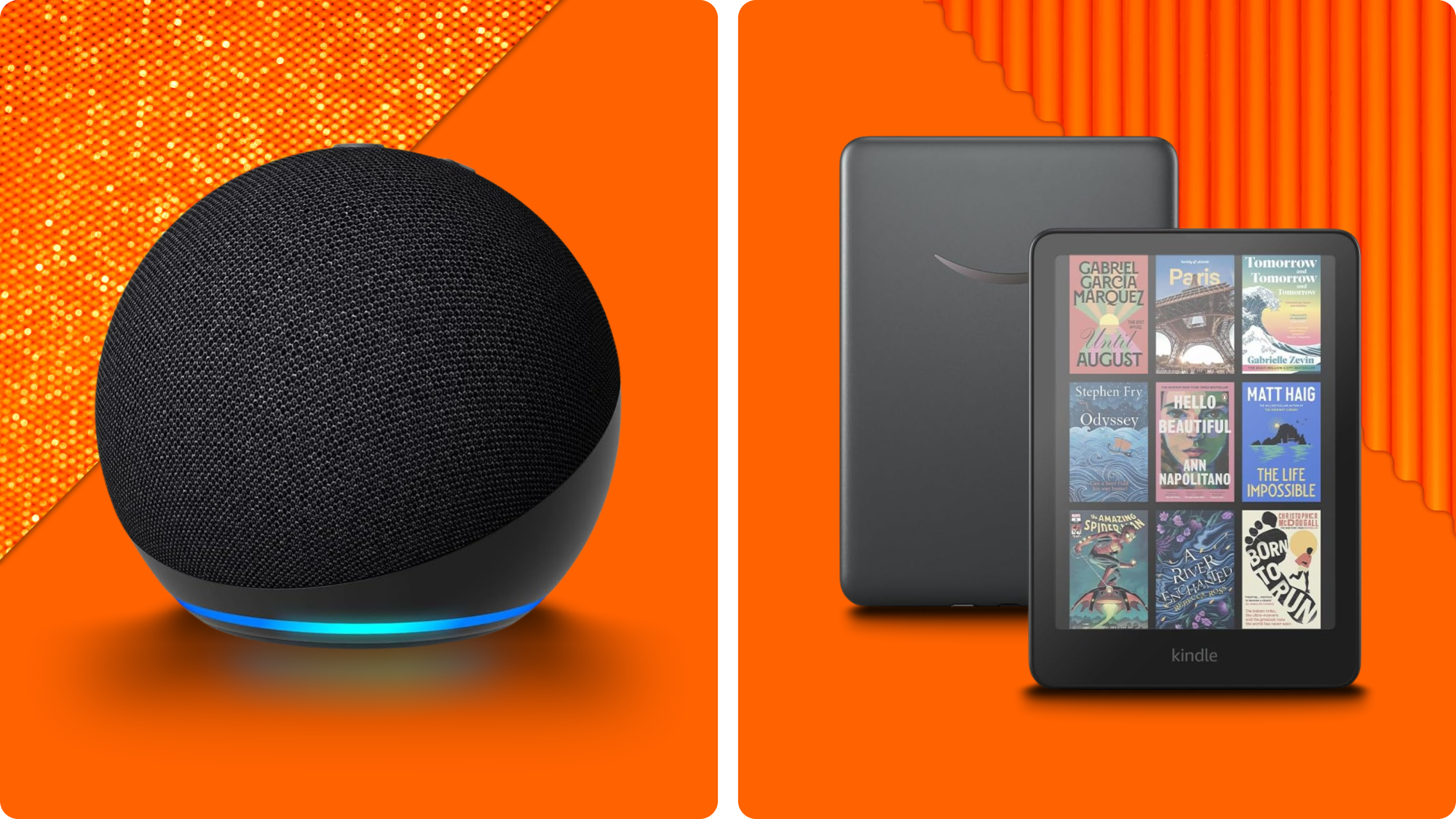 Amazon Echo Dot and Kindle e-reader on vibrant orange backgrounds