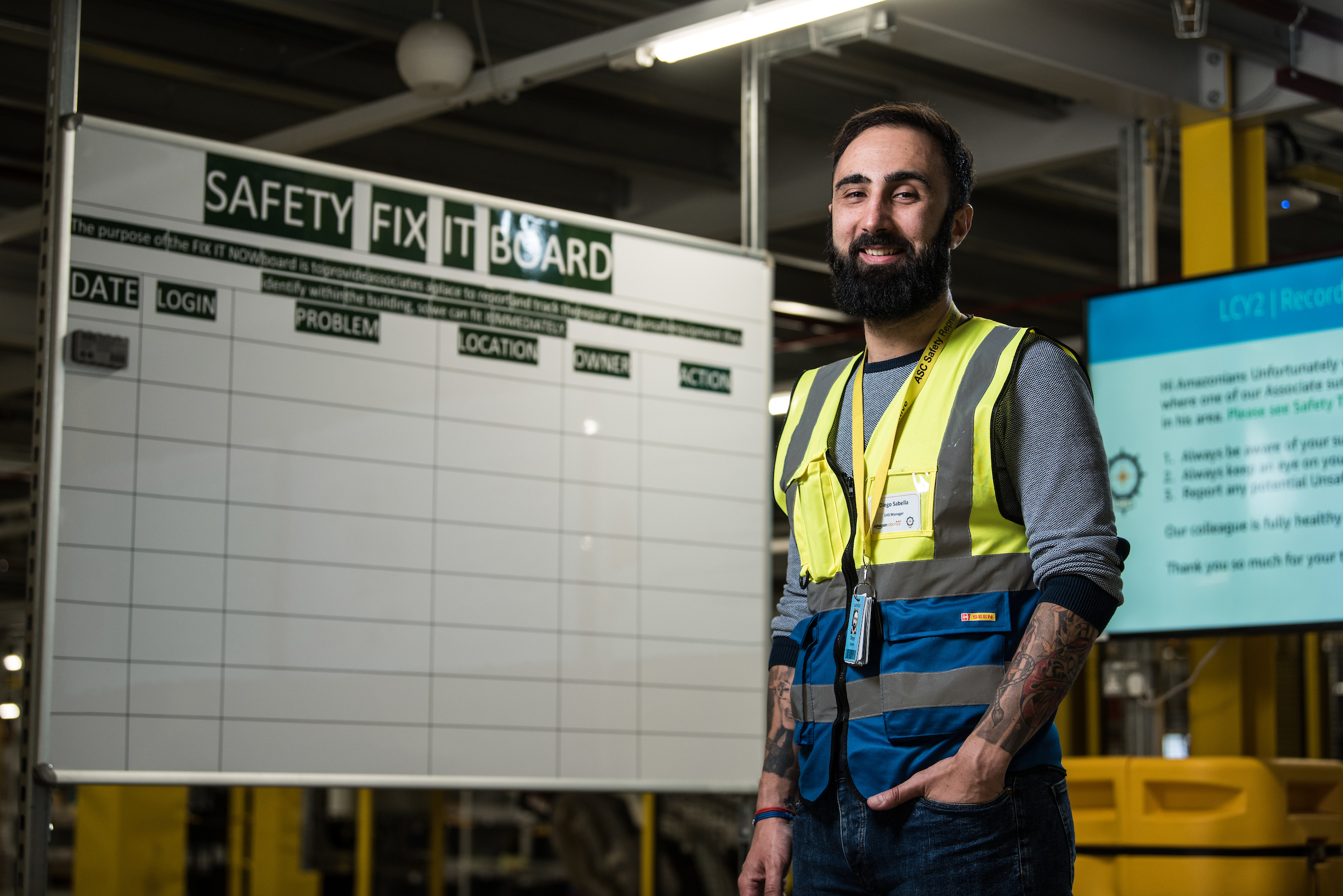 Diego Sabella showing safety features at the Amazon Distribution Centre in Tilbury, UK. 