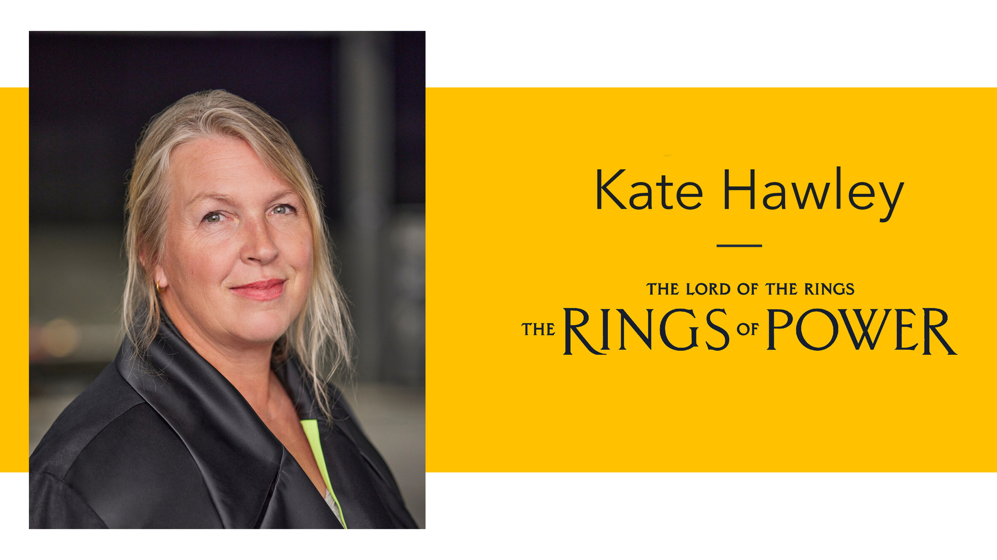 An image of Kate Hawley, the costume designer for season one of the Lord of the Rings: The Rings of Power. There is a banner behind her image with text that says her name and the name of the show.