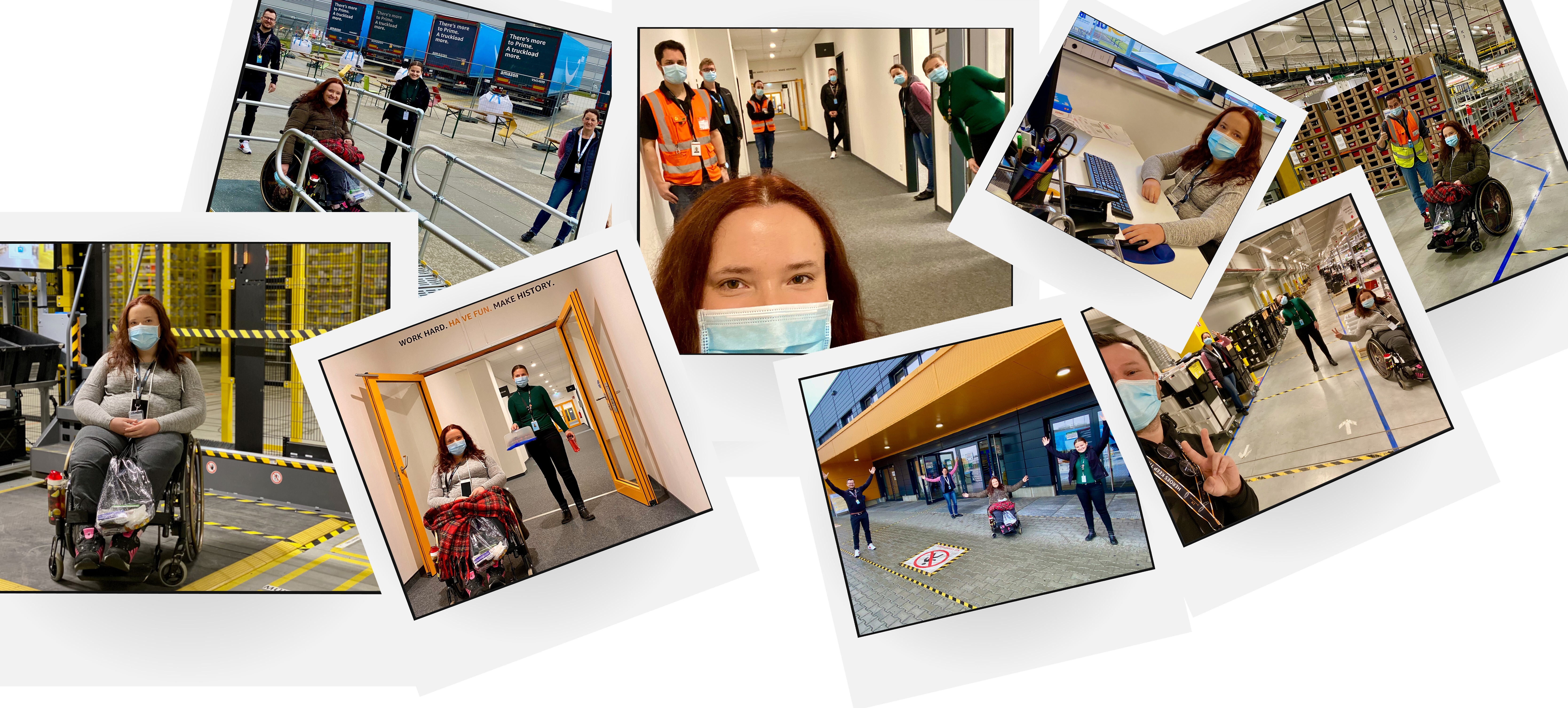 Collage von Lea, ihrer Schwester und den Kolleg:innen aus dem Logistikzentrum