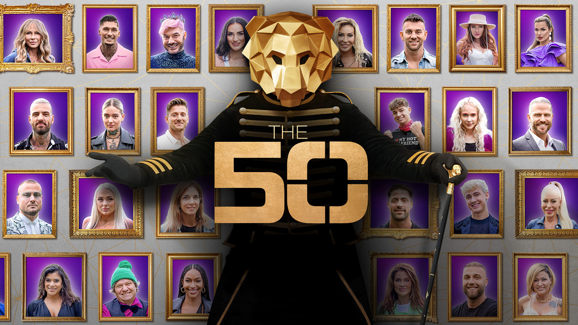 Titelbild The 50 bei Prime Video: In der Mitte eine schwarze Gestalt mit deiner goldenen Löwenmaske, im Hintergrund die Porträts von Reality Stars als gerahmte Bilder. In der Mitte des Bildes steht in goldenen Buchstaben THE 50.