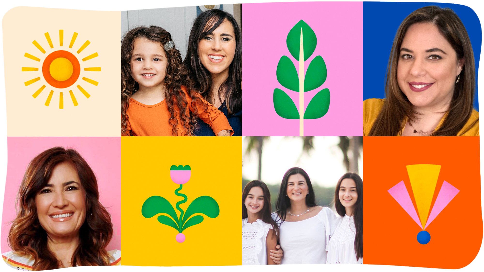 A collage of eight images, four of which have small business owner headshots and the other four have different illustrations of plants, flowers, and the sun. 