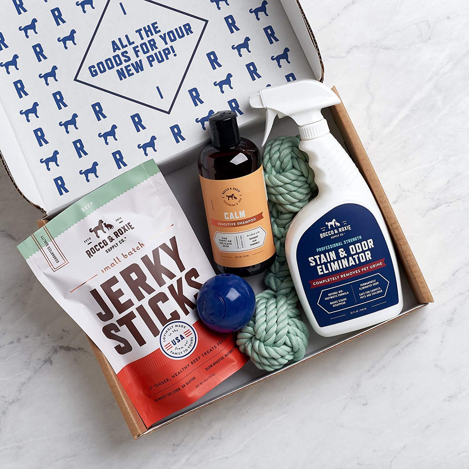 A selection of pet products in a box