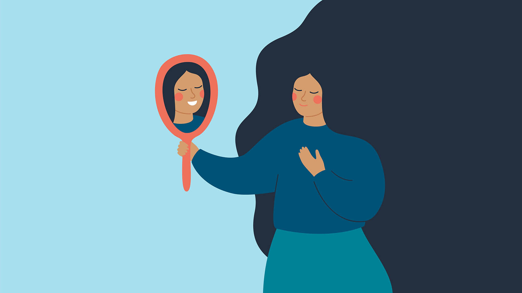 An illustrated image of a woman looking at a hand-held mirror and smiling while holding her hand to her heart.