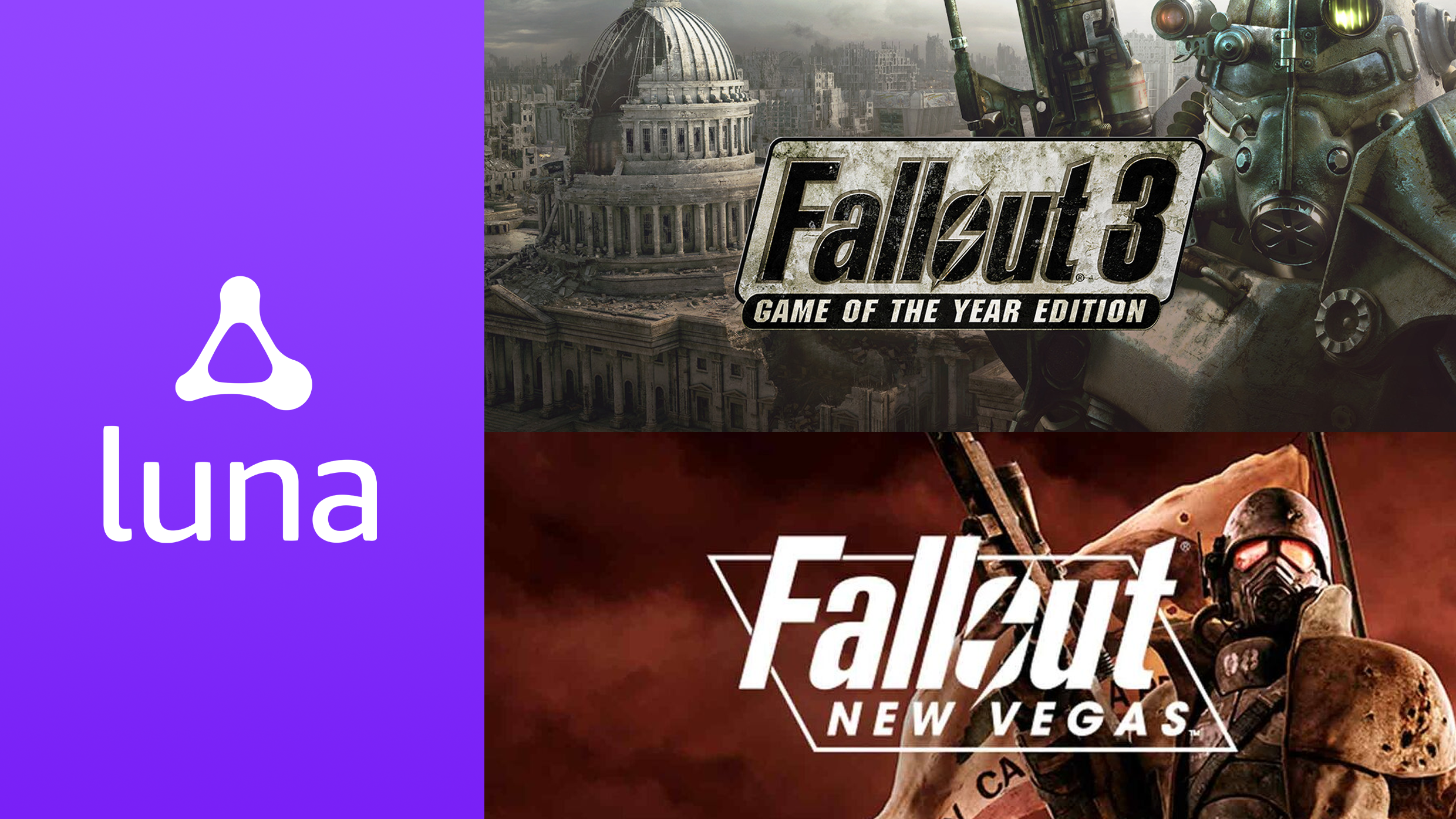 Amazon Luna logo mit Bilder von Fallout 3 und Fallout New Vegas