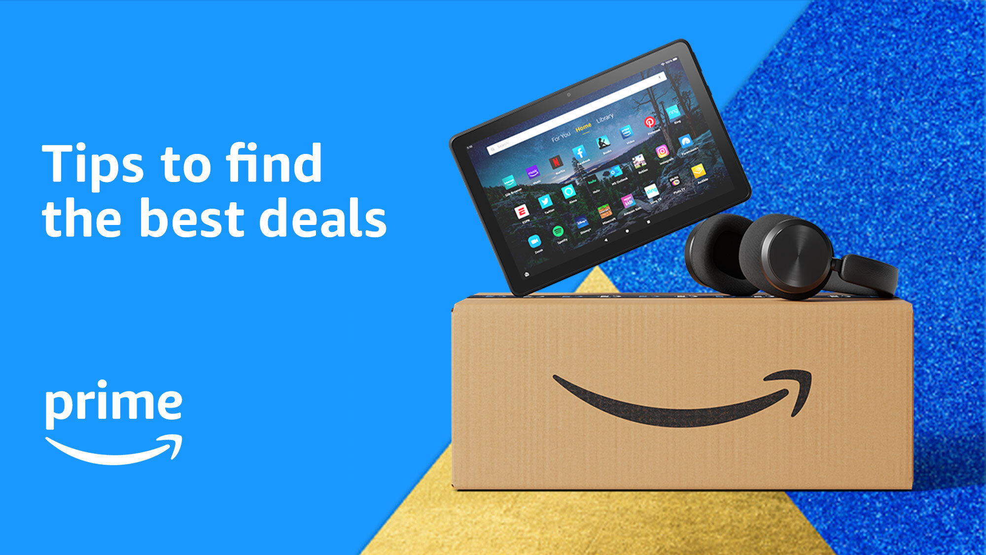 An image of two devices sitting on top of an Amazon branded box to the right and text on the left that reads "Tips to find the best deals" with a prime logo below. The background is blue. 