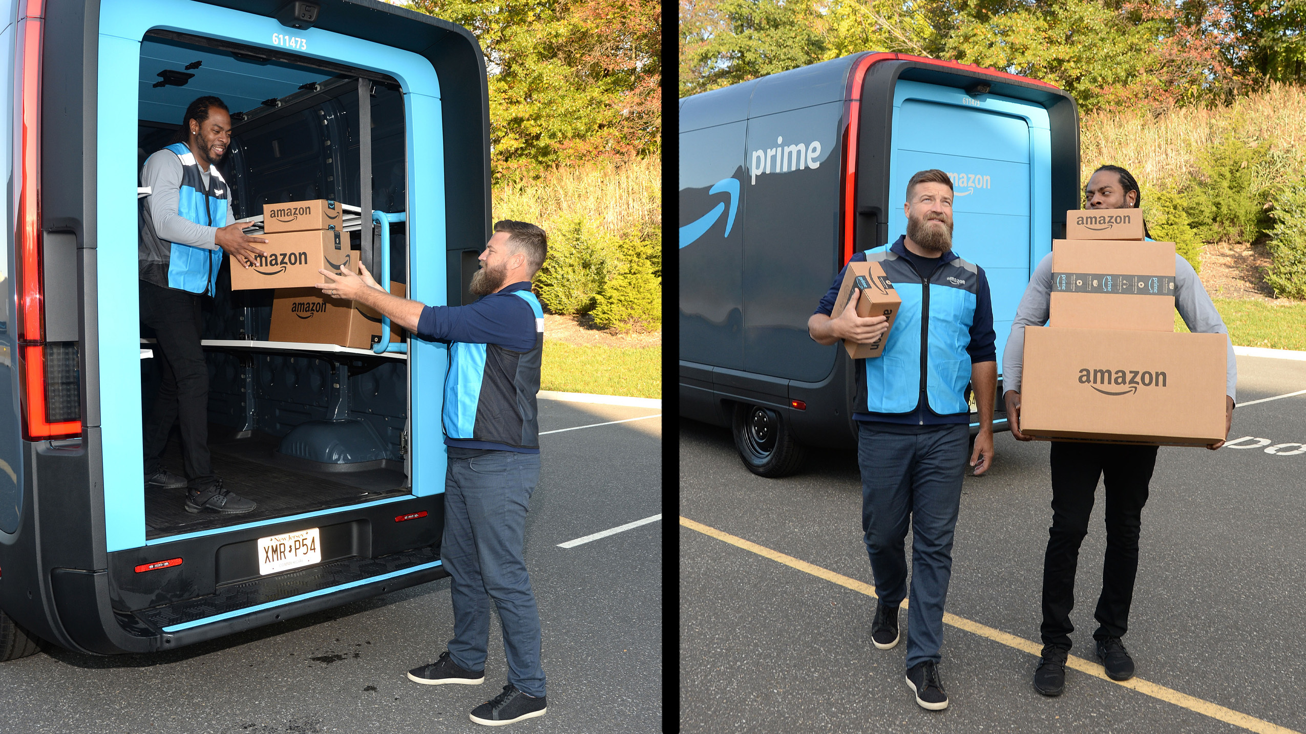 Side by side images of football players Richard Sherman and Ryan Fitzpatrick driving Amazon’s electric delivery vans and delivering packages.