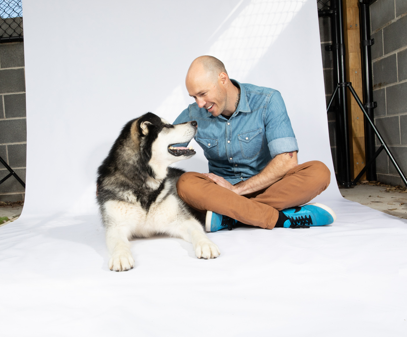 A man sitting on a white backdrop, wearing denim shirt, khakis and tennis shoes, leans down to pet a husky dog, who looks up at the man.