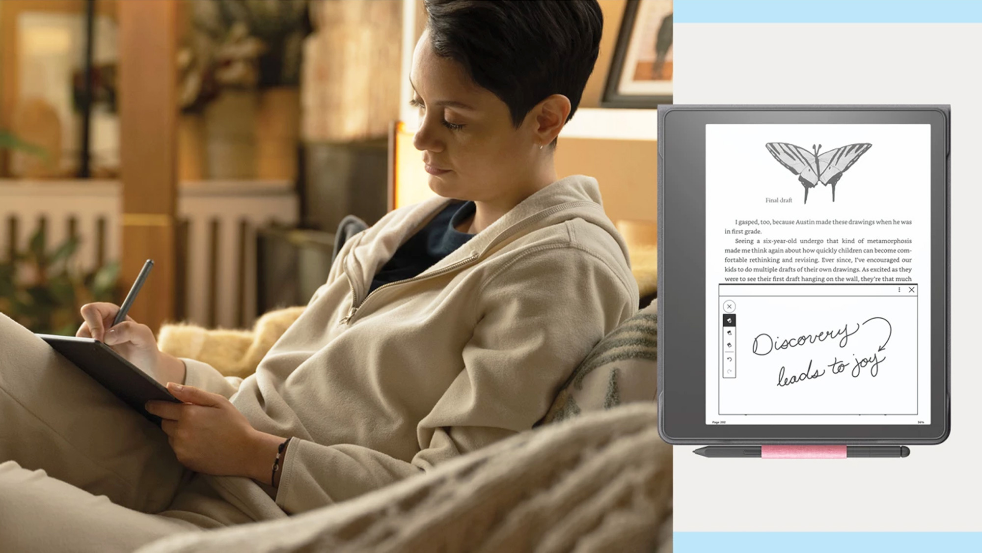 A woman in an off-white, zippered sweatshirt writes on her Kindle Scribe while lounging on a couch.