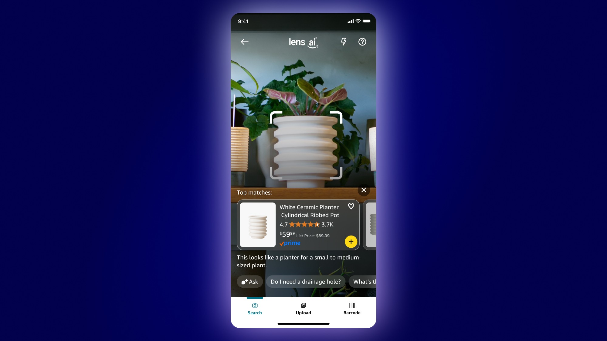 Amazon Lens AI app identifying white ceramic planter on smartphone screen