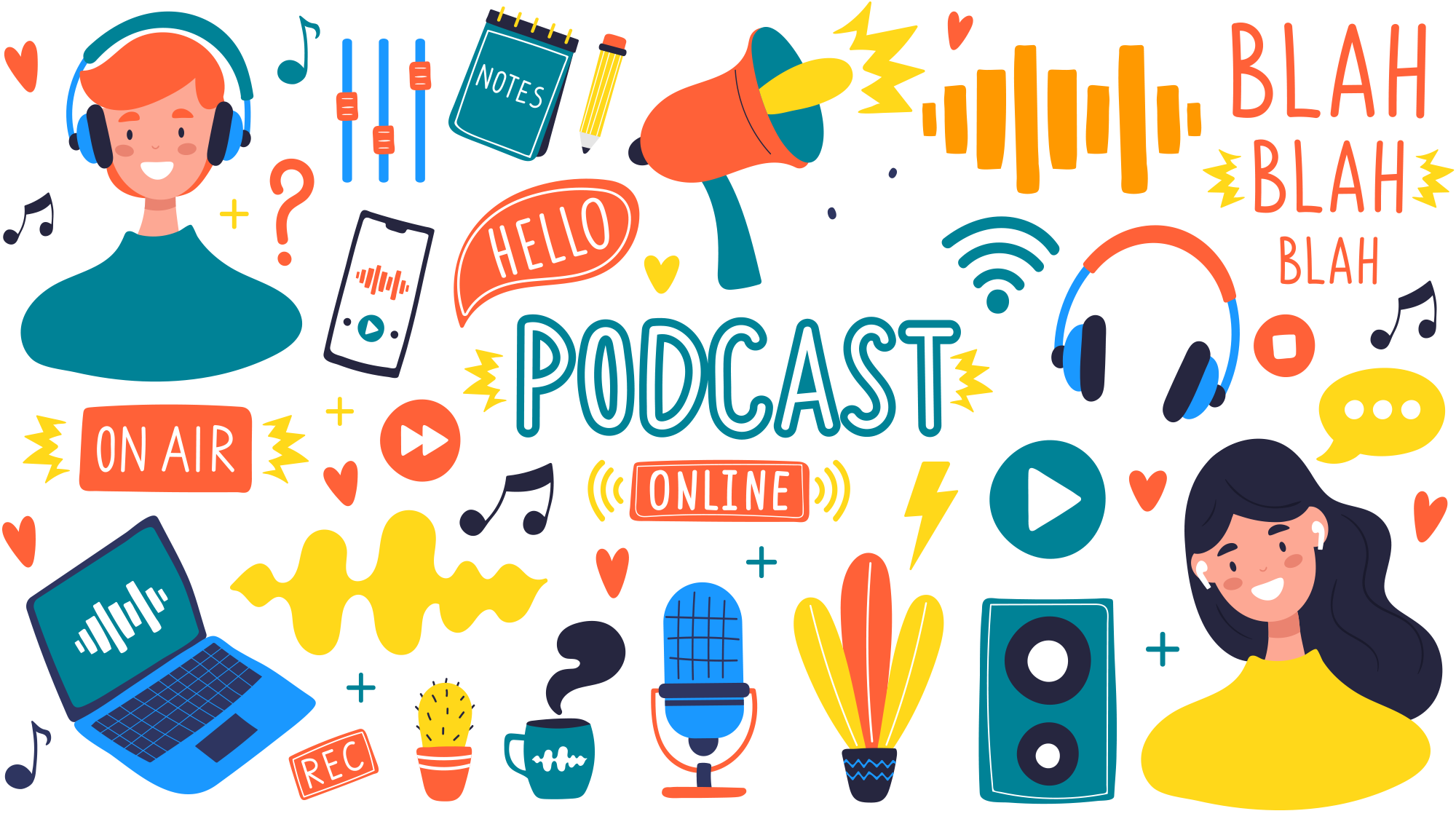 Image of various audio/podcast related images including microphones and headphones