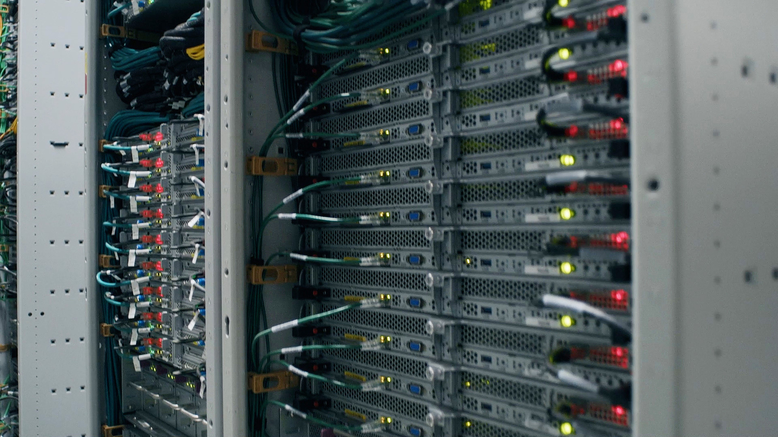 A photo of a a server rack in an AWS data center.