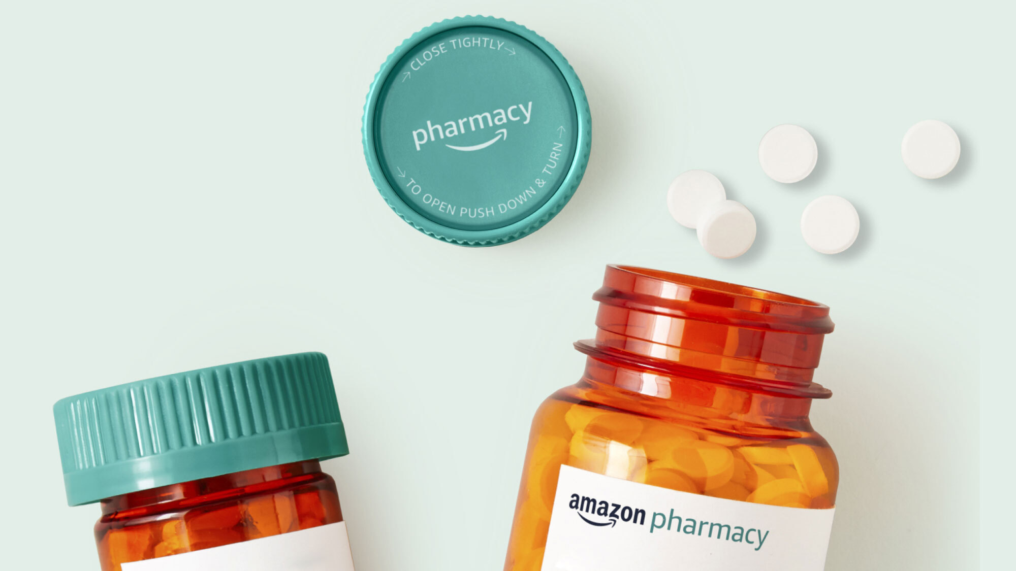 Amazon Pharmacy branded pill bottles.