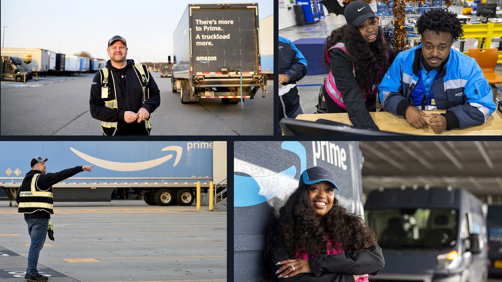 Collage of Amazon transportation operations showing trucks and employees