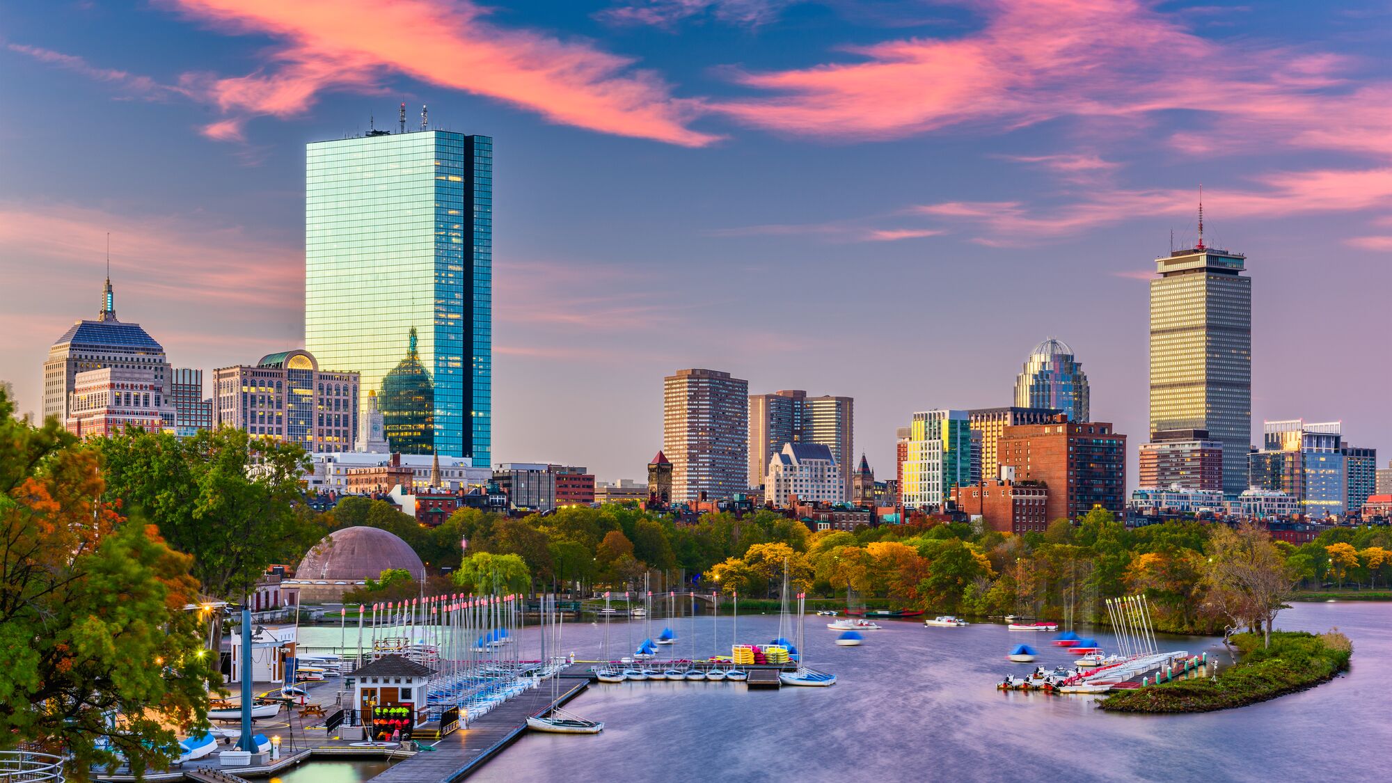 Boston, Massachusetts, USA downtown skyline on the Charles River in the morning.