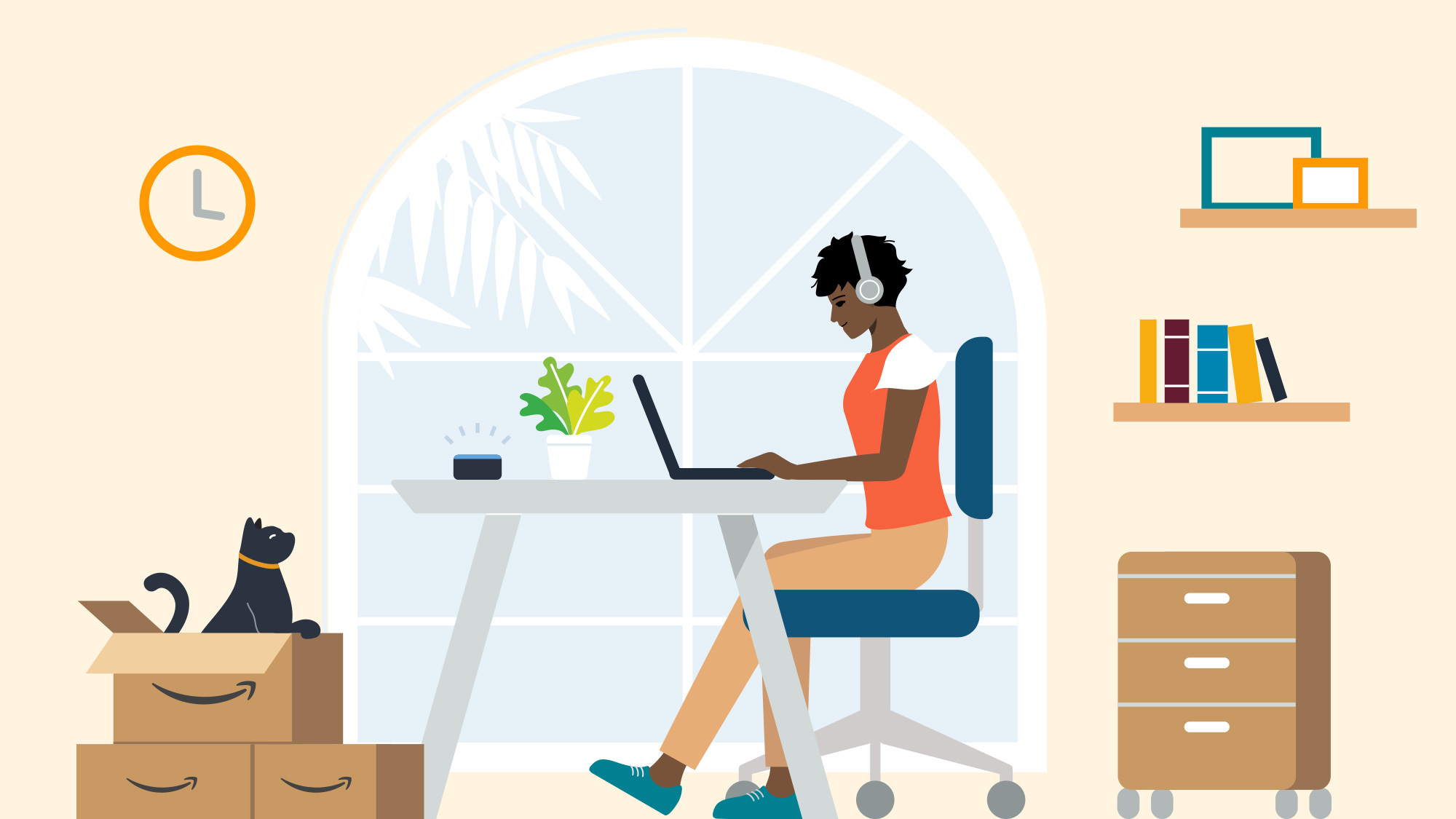 An illustrated image of a person using a laptop at a desk. There are three Amazon boxes in front of them with a pet on top of them. 