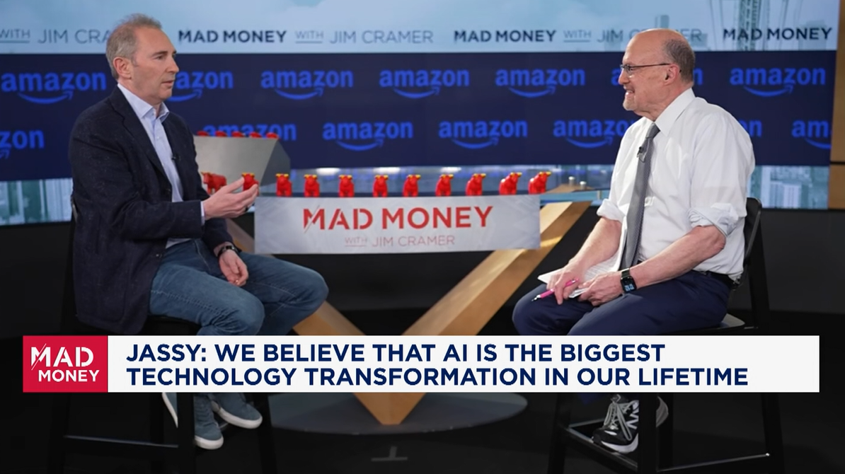 Amazon CEO Andy Jassy and Mad Money host Jim Cramer sitting and conversing on Mad Money set featuring discussion about AI's transformative impact on technology