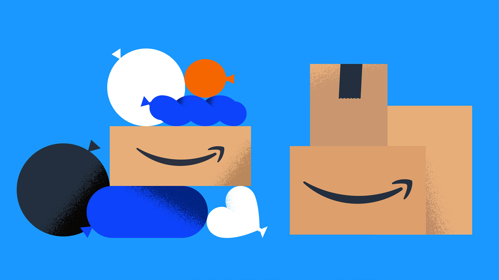 An illustrated image showing Amazon boxes stacked with balloons in different shapes around them.