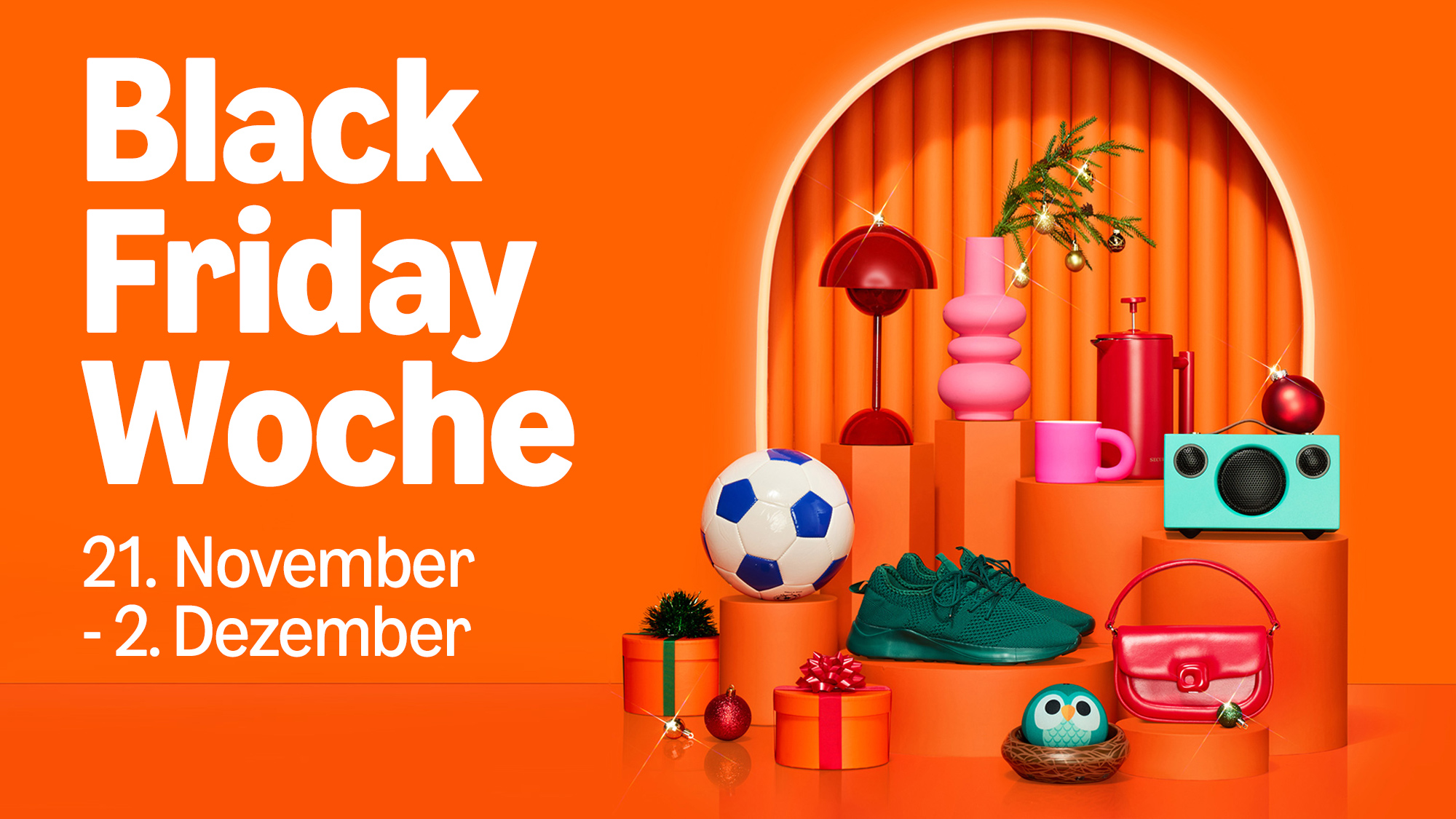 Ein orangener Banner mit der Aufschrift "Black Friday Woche". 