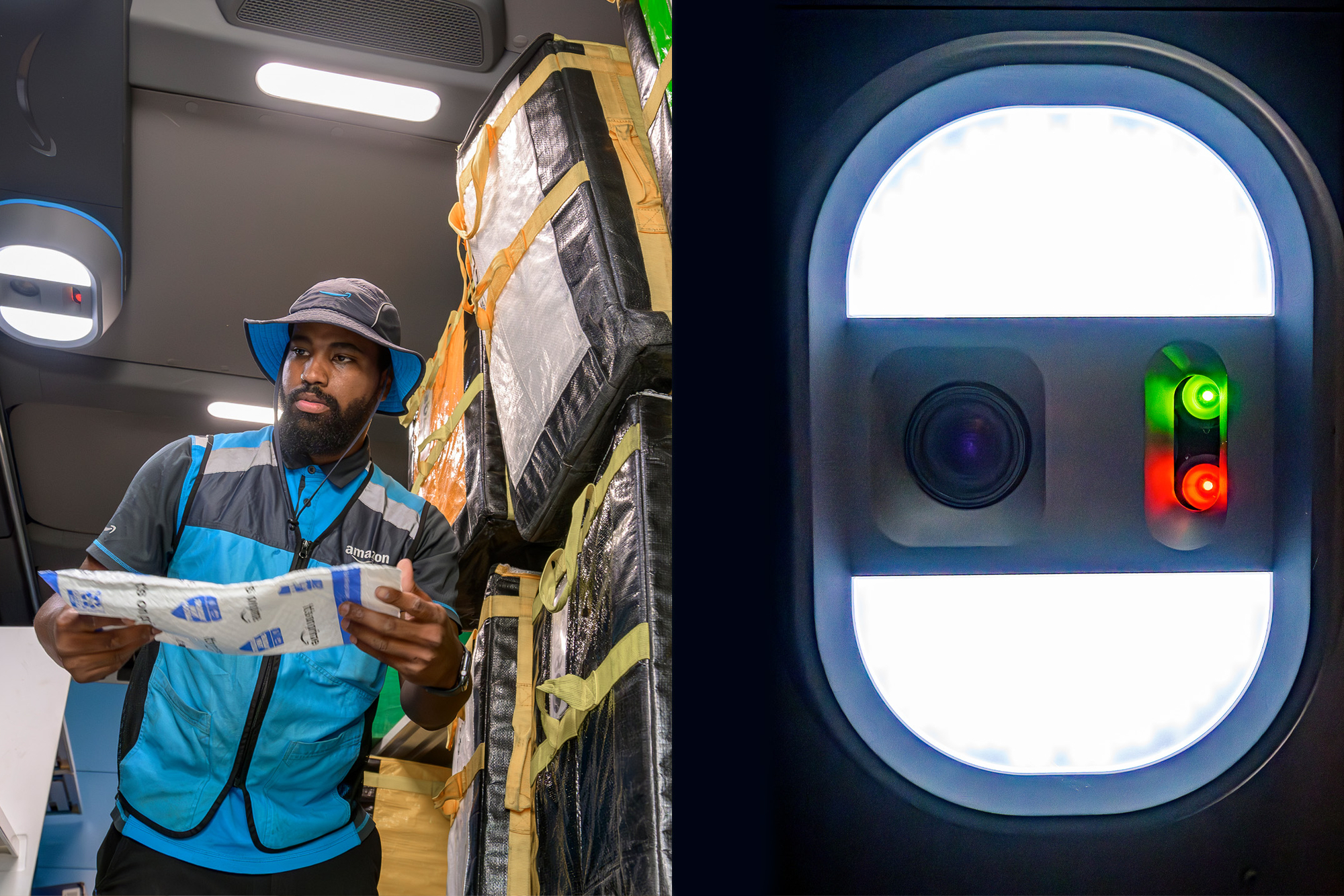 Left: Two packages on a table inside an Amazon delivery van. Hanging above the packages are two Vision Assisted Package Retrieval (VAPR) scanners. Right: A view of the light projectors and camera of the VAPR.