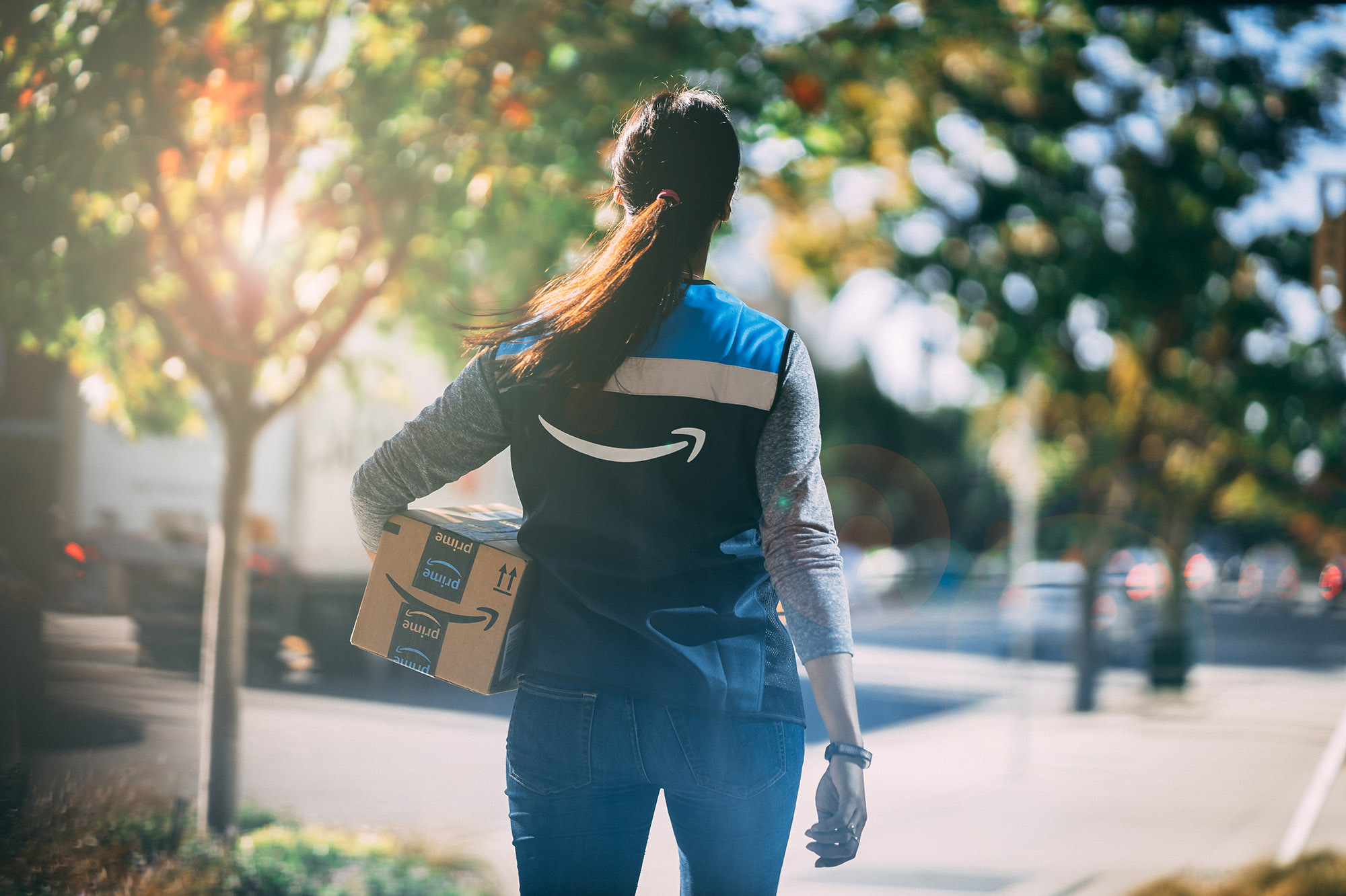 Amazon delivery driver walking toward a house