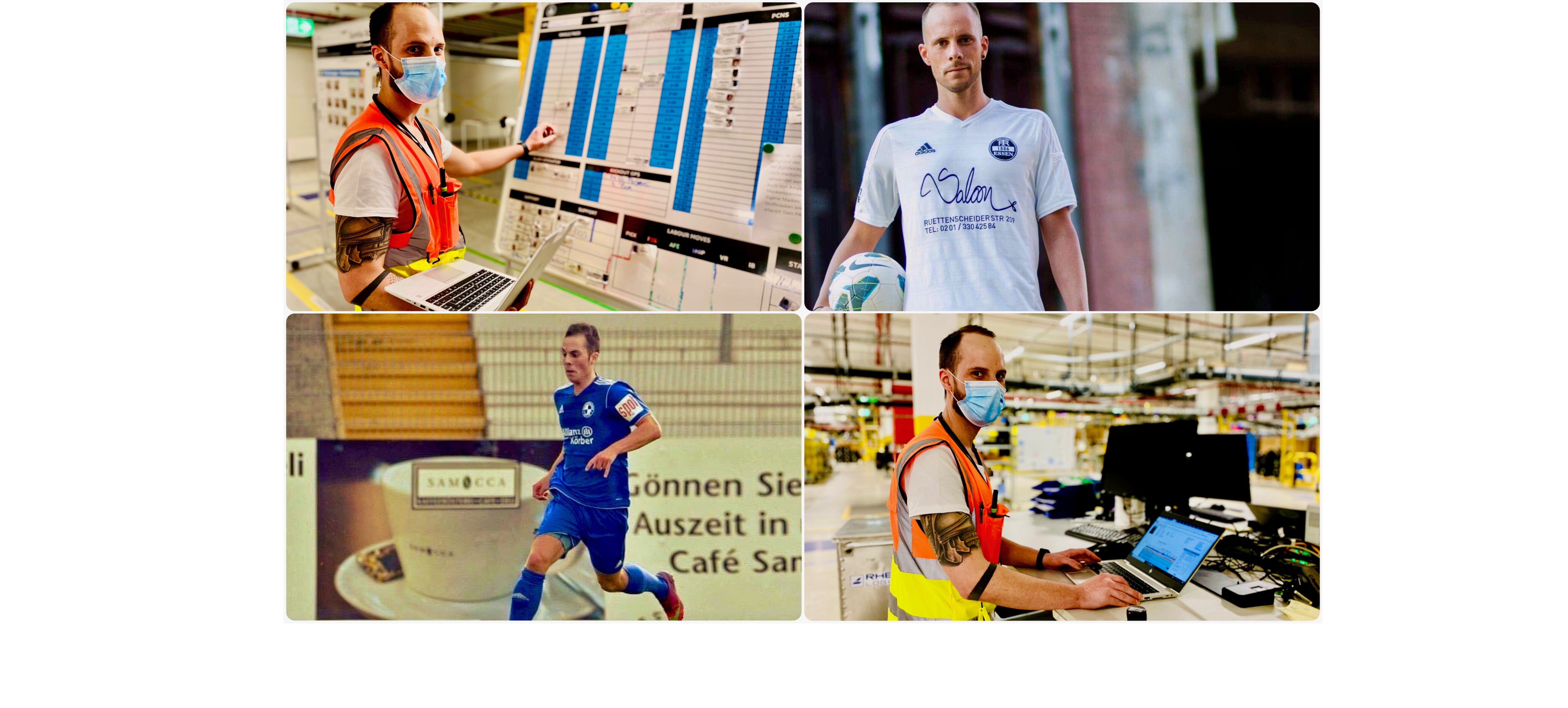 Collage von Kevin: als Fußballer und am Arbeitsplatz in Oelde