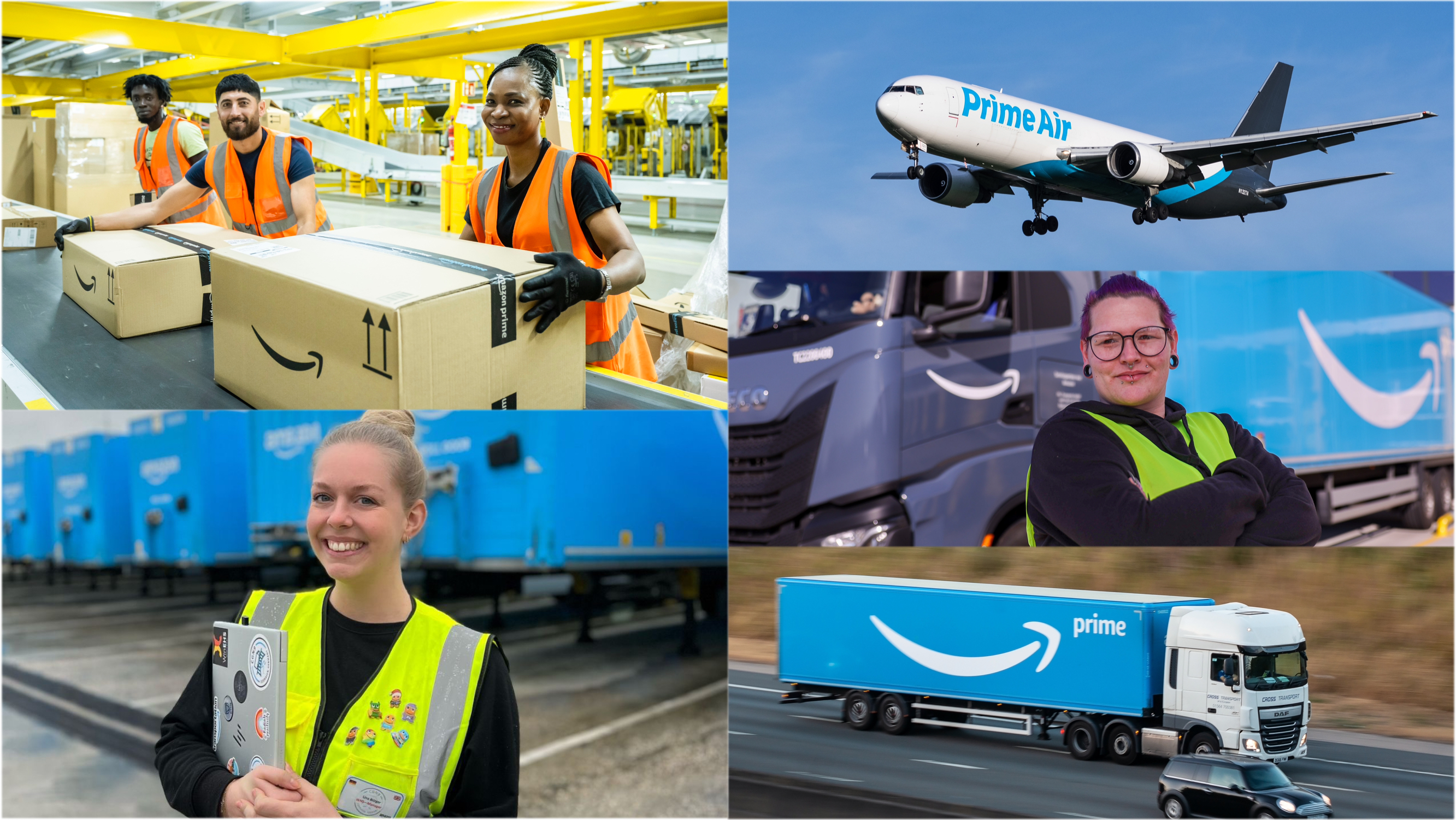 Collage mit Motiven aus der Amazon Transportlogistik: Man sieht Amazon Mitarbeiter:innen in einem Sortierzentrum, ein Prime Air Frachtflugzeug, einen Prime Truck sowie eine Amazon Mitarbeiterin und einer Truckerfahrerin vor Lkws.