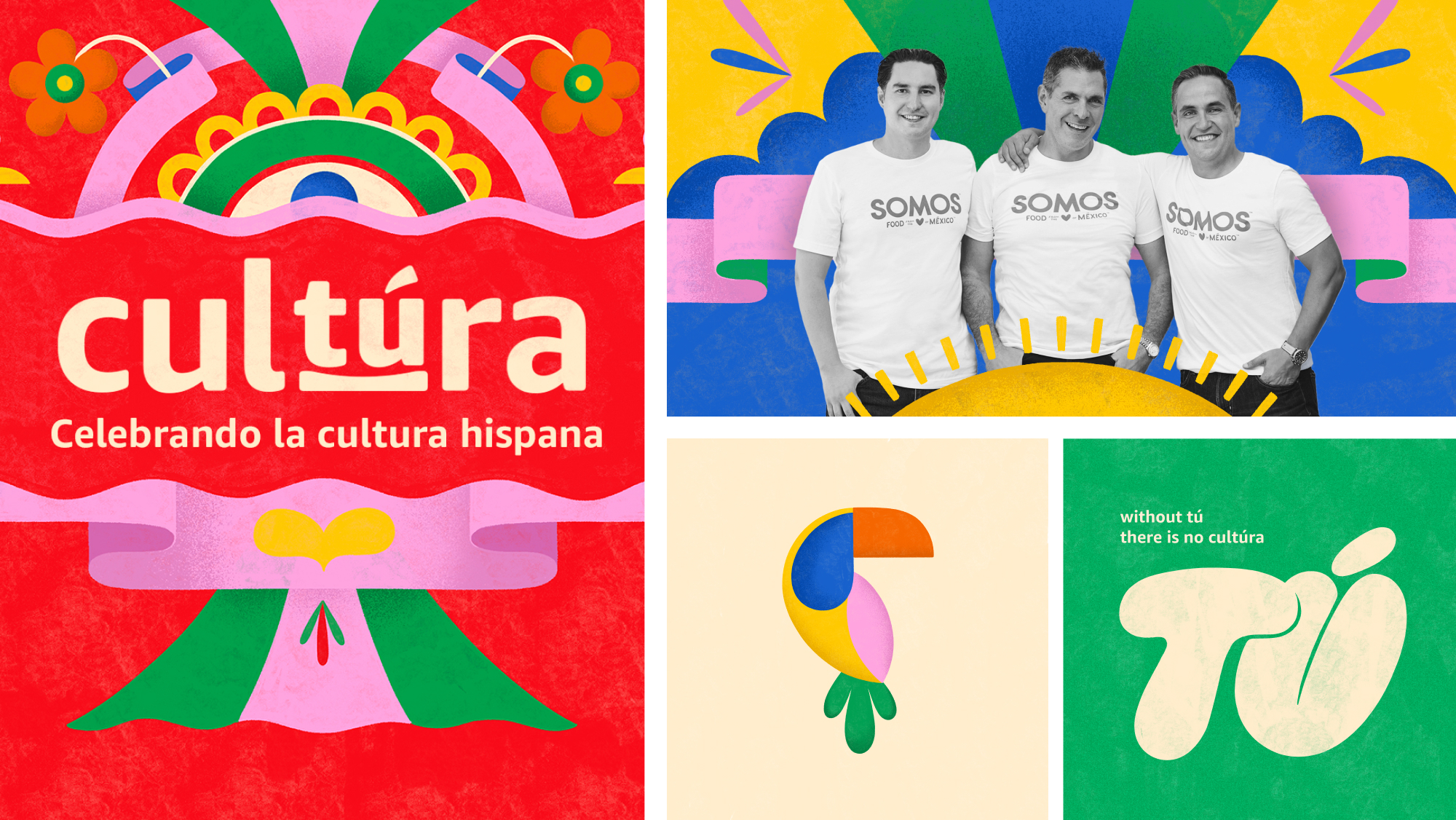 An illustrated image that reads  "Cultura, Celebrando la cultura hispana" on the left, a black and white image of three men on the top right, and a text that reads "without tu there is no cultura" at the bottom right.  