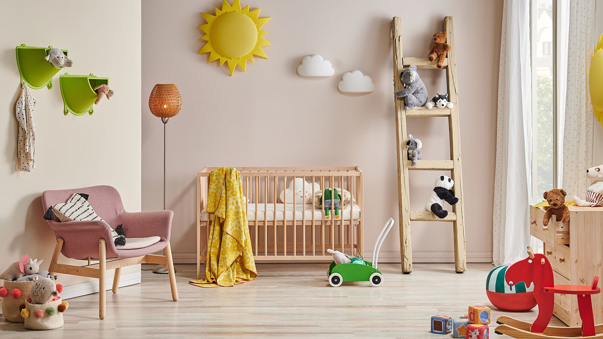 Sunny, colorful nursery with crib, rocking chair, toys, and decor