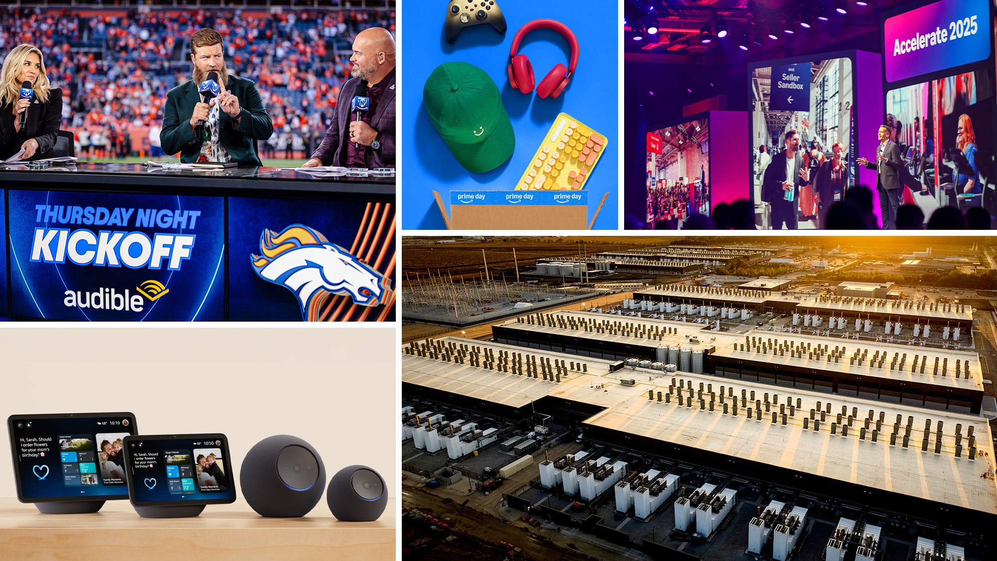 Collage featuring TNF sports broadcast, Alexa accessories, Amazon Prime Day box, Accelerate conference event, AWS data center.